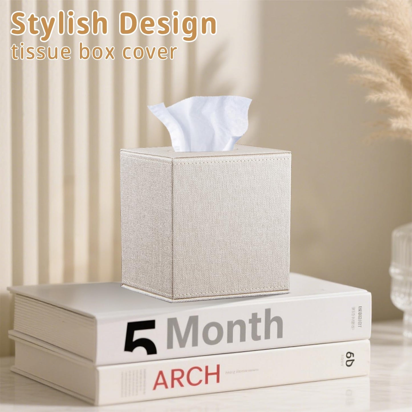Leather Square Tissue Box Cover,Cut Tissues Cube Box Holder,Modern Facial Paper Organizer Storgage,Box Tissue Dispenser Decor Accessories for Bathroom NightStand Coffee Table Desk Home Office,Beige
