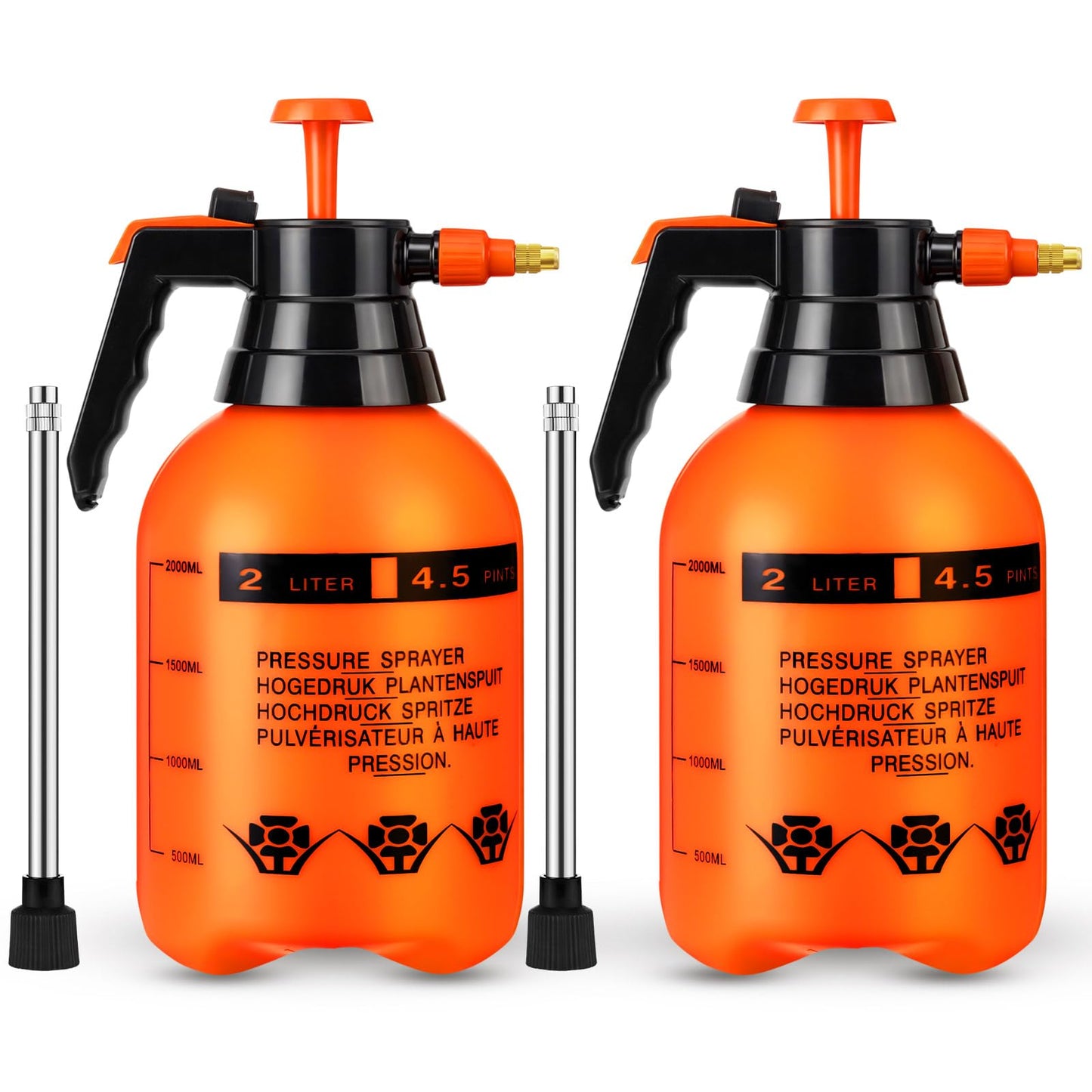 Acellegic 2 Set Handheld Pump Sprayer 2l Garden Pump Sprayers Adjustable Water Spray Bottles with Steel Nozzle Extended Rod for Plant Mist Watering Spraying Fertilizing Cleaning