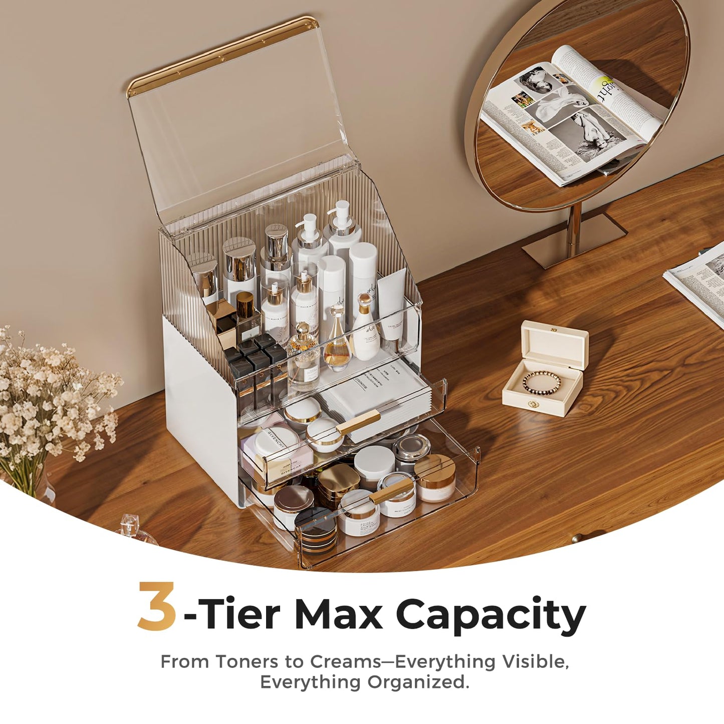 3-Tier Bathroom Countertop Makeup Organizer - Big Make Up Storage with Slide-Out Tray & Bottom Drawer, Transparent Acrylic for Cosmetics Brushes Lipsticks Skincare