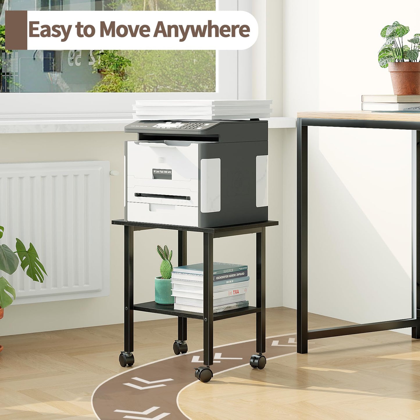 YQ JENMW 2 Tier Printer Stand with Storage, Under Desk Printer Table, Space-Saving Printer Table with Locking Wheels, Rolling Printer Cart for Home Office, Black