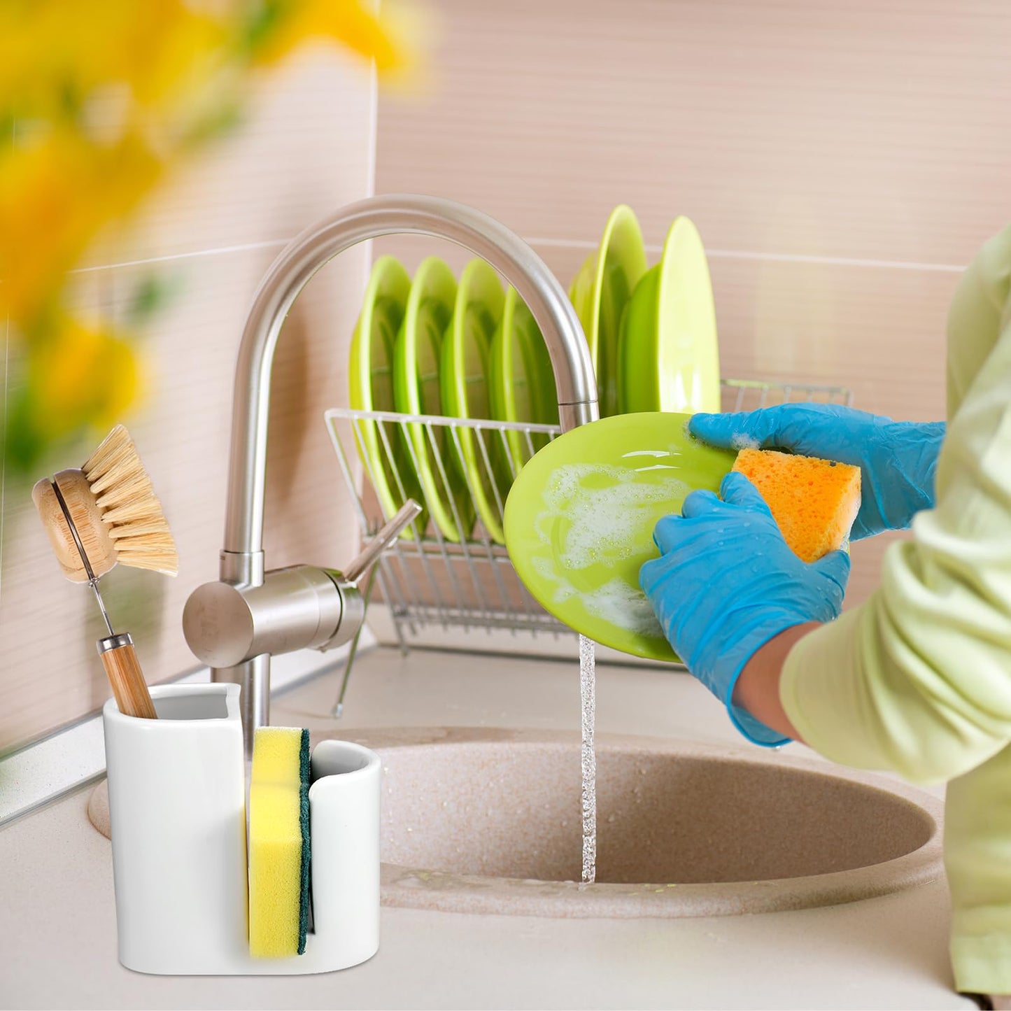 Geelin 2 in 1 Ceramic Kitchen Sink Caddy Dish Sponge Holder and Scrub Brush Holder for Kitchen Organizer Rustic Farmhouse Supplies(White,Simple)