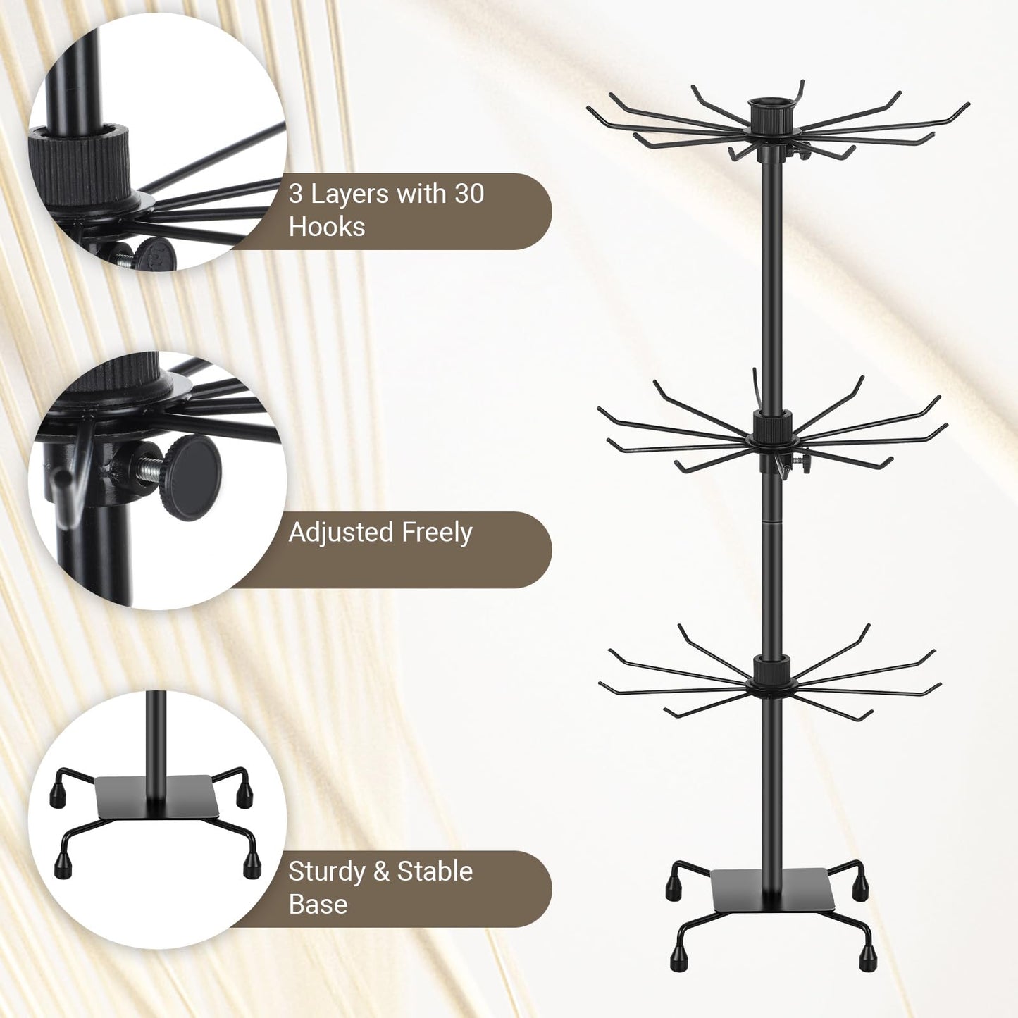 IMengjbang 2 Pack 3 Tiers Rotating Jewelry Display Stand with Hooks, Black Adjustable Height Metal Earrings Stand for Jewelry Necklace Earrings Keyring Socking Hats Keychain Display Stand