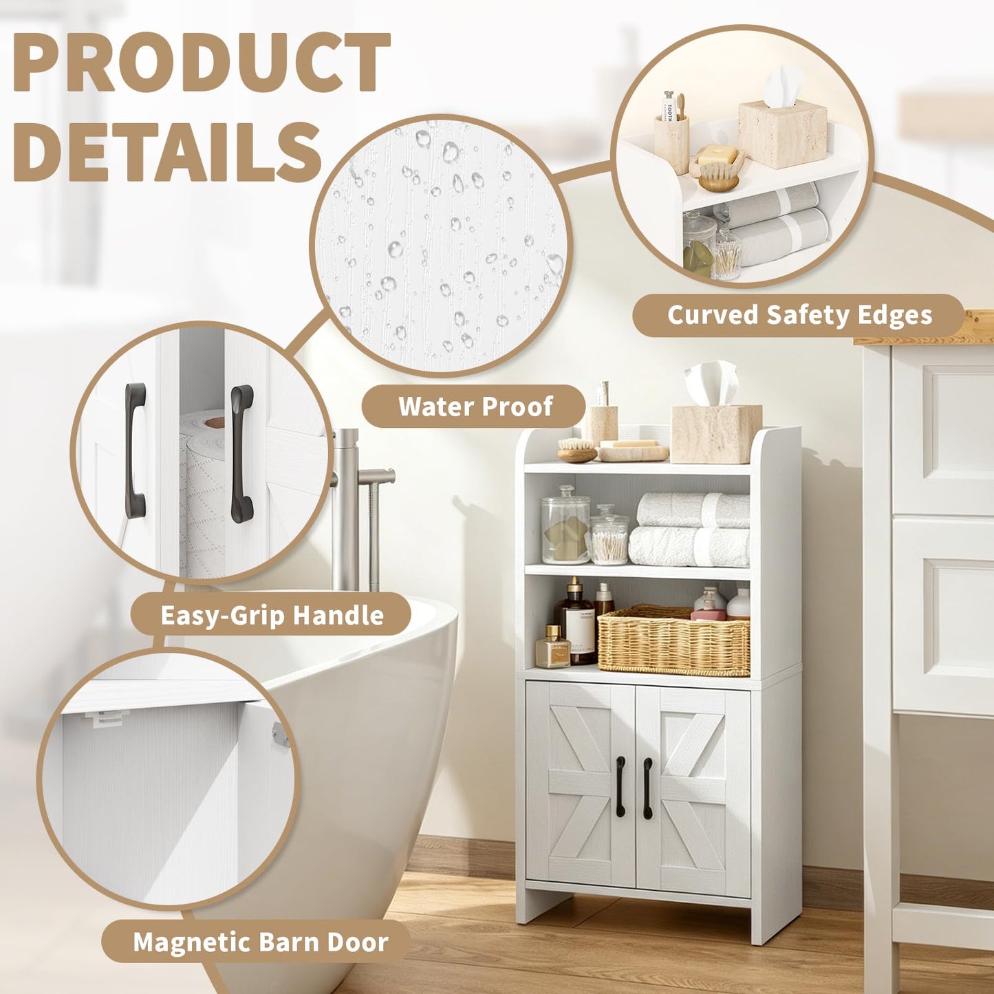 AURINEST Small Bathroom Storage Cabinet, Farmhouse Freestanding Toilet Paper Storage with 2 Doors and Shelves, Slim Bathroom Storage Cabinet for Small Spaces, White, 7.9" D x 14.2" W x 29.5" H