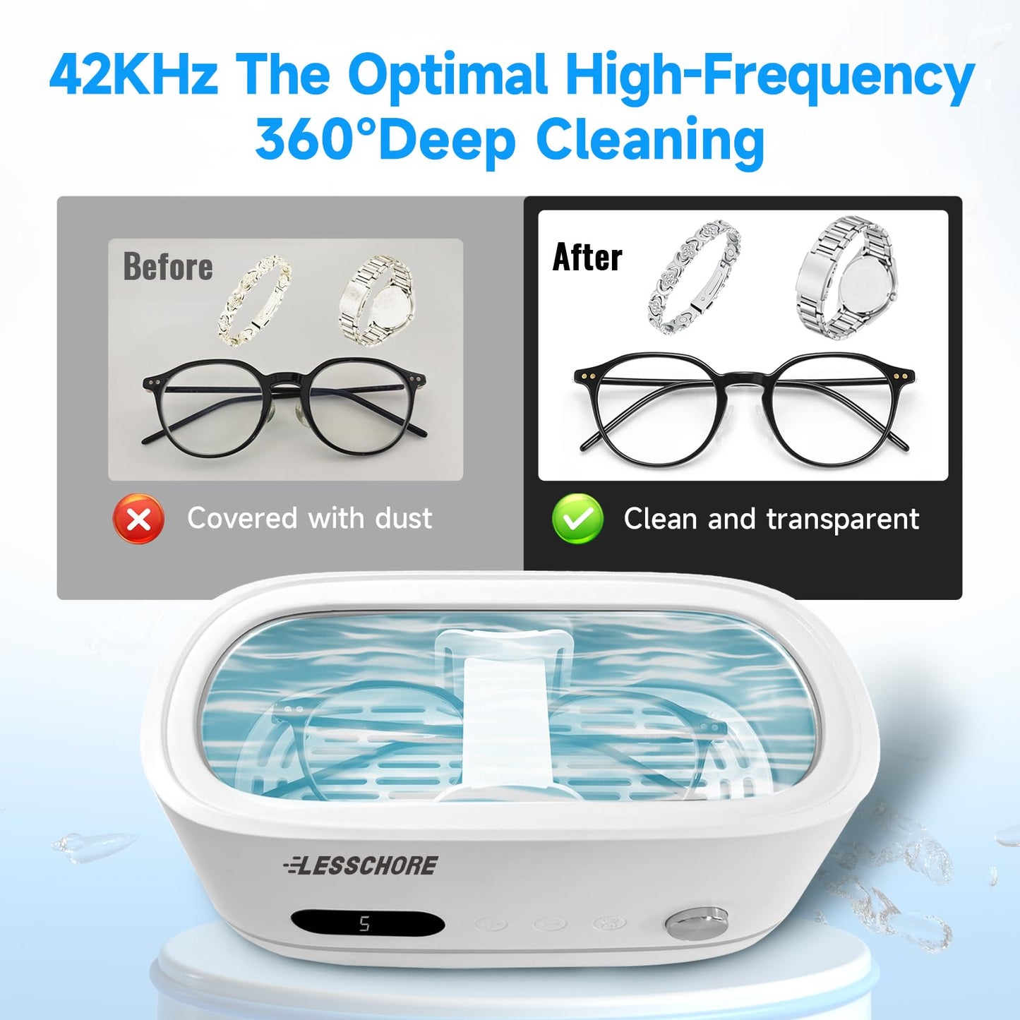 LessChore® Ultrasonic Jewelry Cleaner with Polishing Cloth&Degas, 42000Hz Portable Household Sonic Cleaner. Ideal for Cleaning of Rings, Earrings, Necklaces, Glasses&More. Gift for Women, Mom, Wife