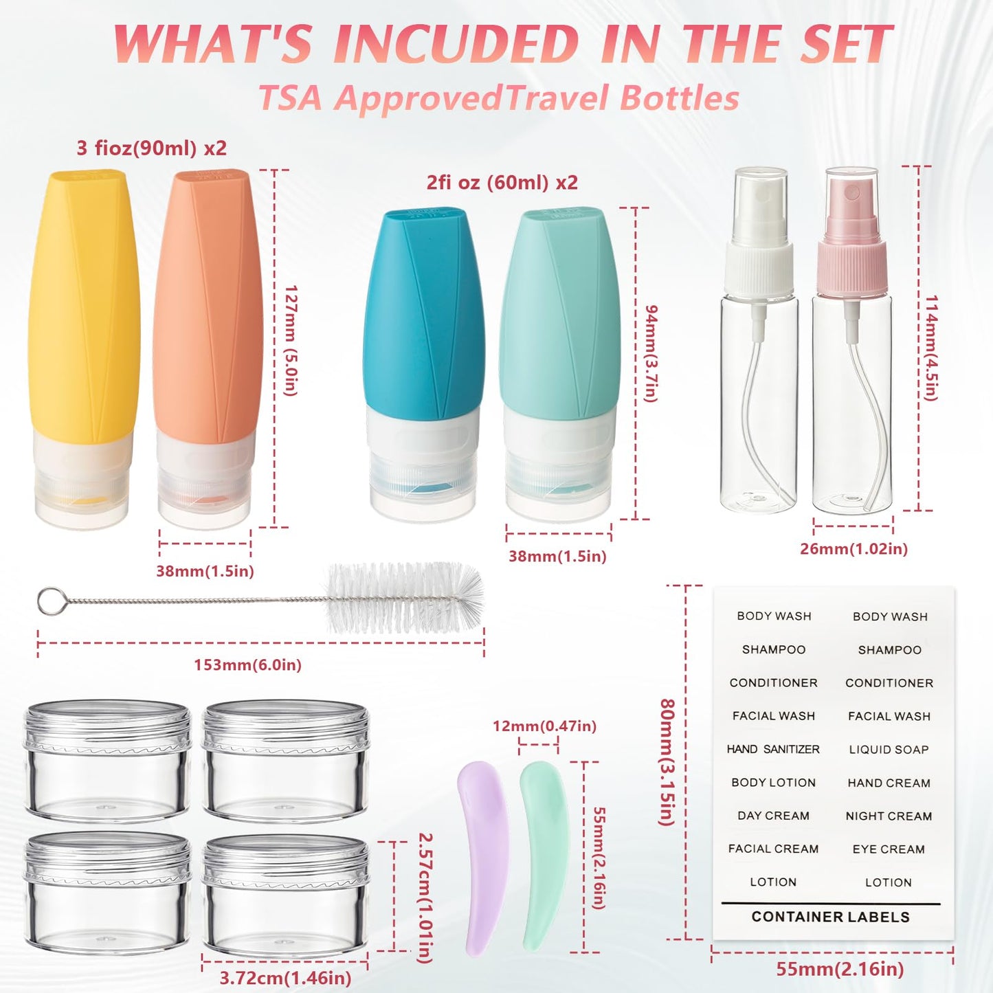 Jingmore 15 Pcs Travel Bottles Set for Toiletries PU Leather Toiletry Bag Travel Size Mini Makeup Containers Silicone Toiletry Bottles Pump Spray for Liquid Serum Cream Lotion Skincare Shampoo(White)