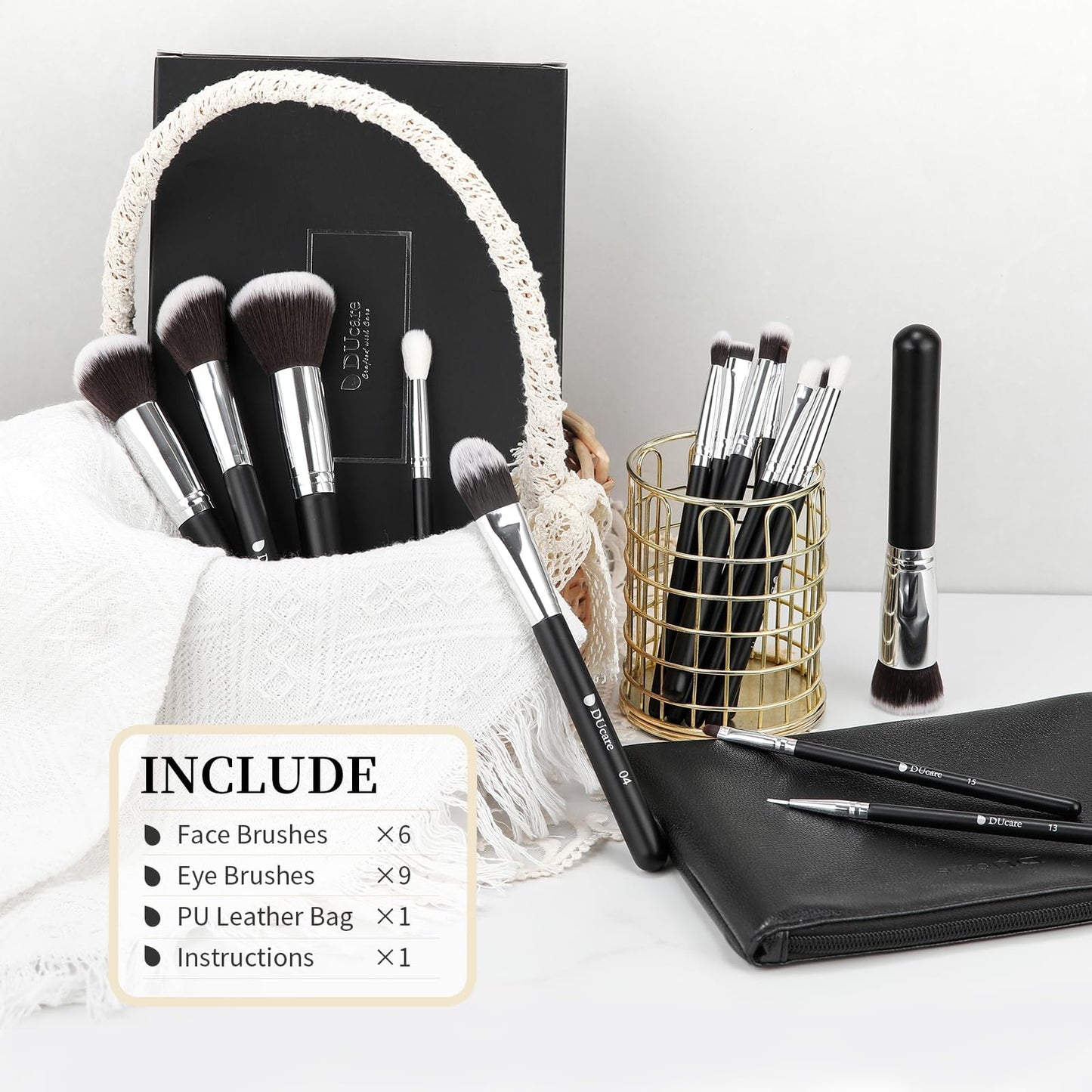 DUcare Makeup Brushes with Travel Bag 15Pcs Makeup Brush Set Kabuki Foundation Blending Blush Eyeliner Shadow Brow Concealer Brushes Kit
