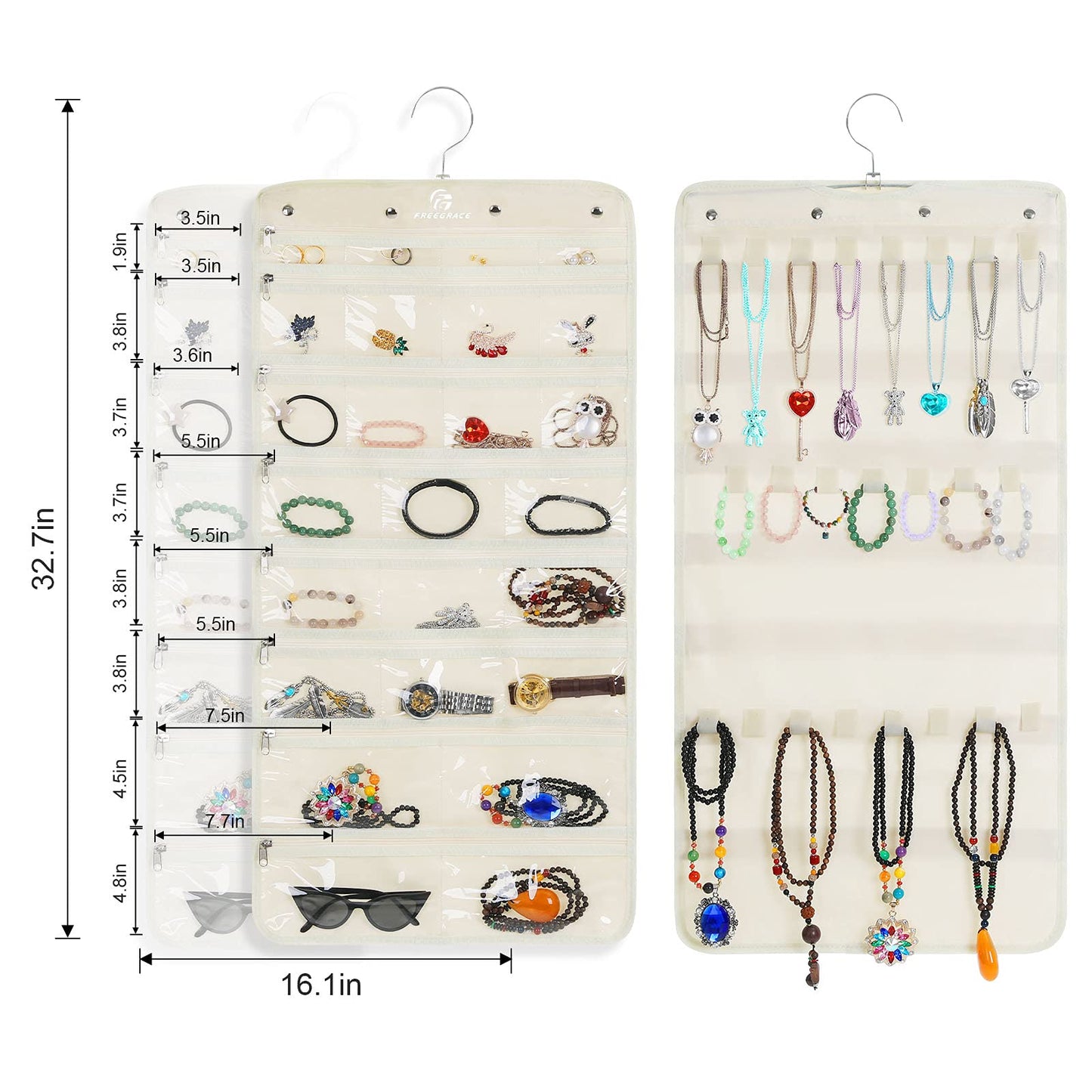 Freegrace Hanging Jewelry Organizer Revolving Hanger - Secure Zipper Closure - 25 Pockets,23 Hooks - Foldable Storage & Display Solution - For All Jewelry & Bijoux (Beige)