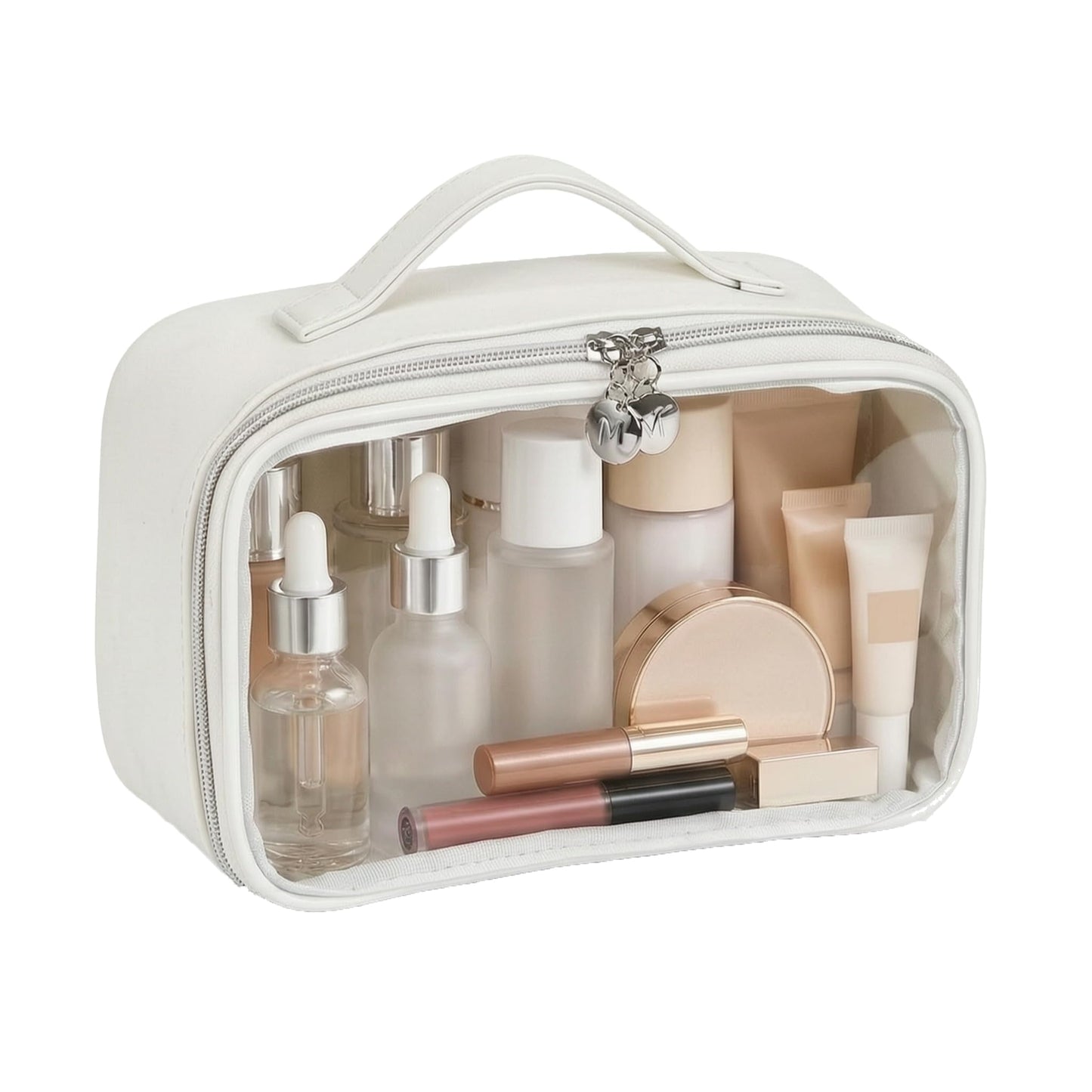 Travel Toiletry Bag for Women, Clear Makeup Bag Organizer with Handle, Waterproof Cosmetic Case for Travel Essentials, Portable Bathroom and Skincare Storage Bag for Daily Use, White