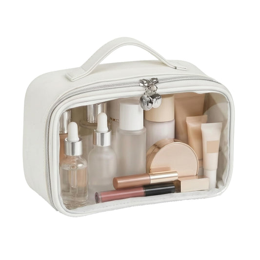 Travel Toiletry Bag for Women, Clear Makeup Bag Organizer with Handle, Waterproof Cosmetic Case for Travel Essentials, Portable Bathroom and Skincare Storage Bag for Daily Use, White