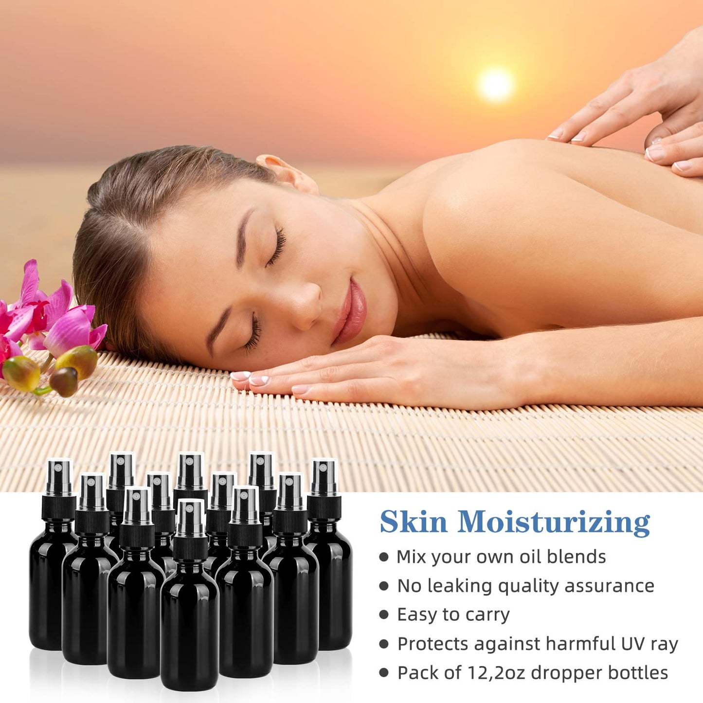 YONKAN 2oz Glass Spray Bottle, Fine Mist Boston Glass Bottles with Black Fine Mist Sprayer Small Clear Bottles for Essential Oils, Bath, Beauty, Hair & Cleaning, UV Black, Pack of 12