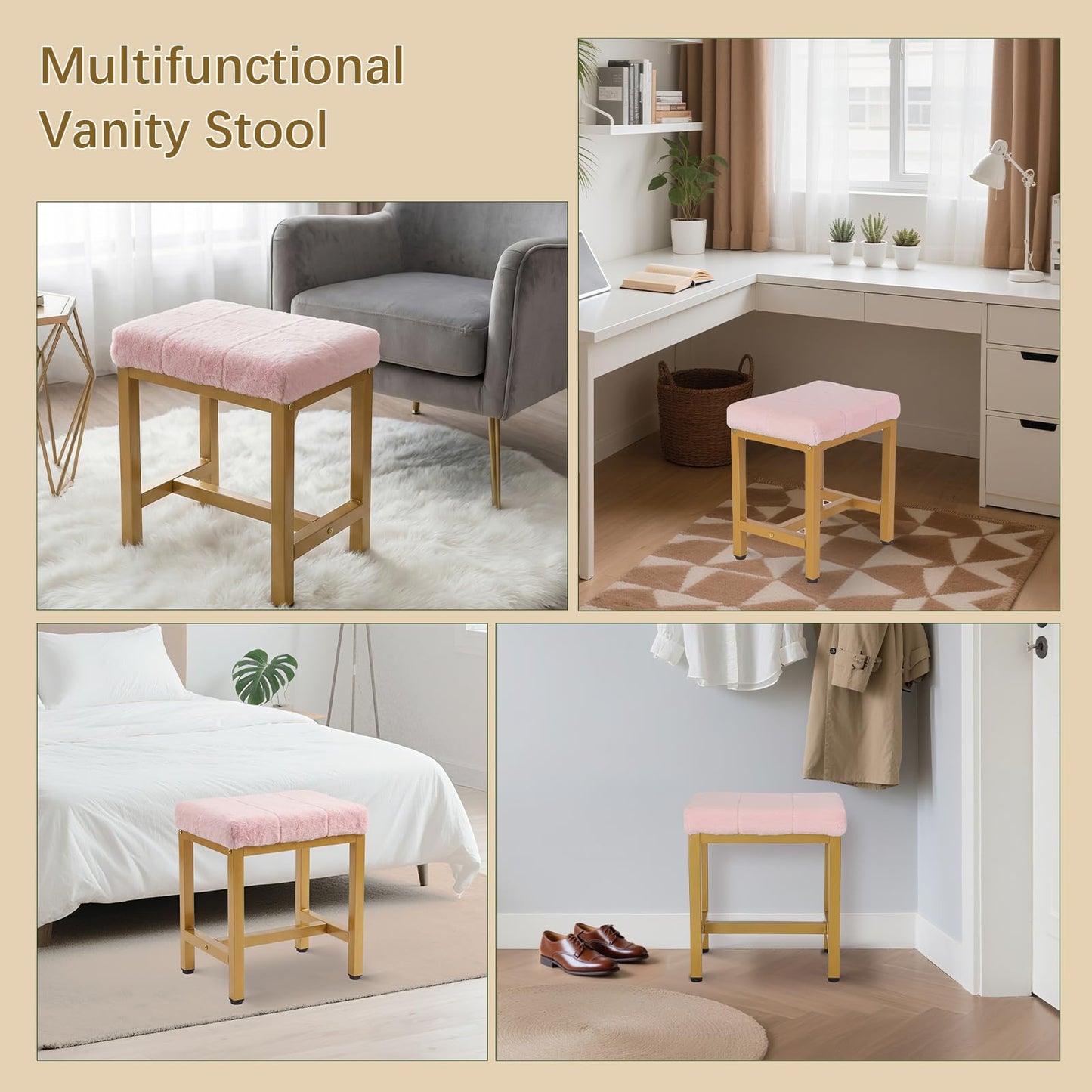 FLYZC Vanity Stool Chair, Square Faux Fur Makeup Chair with Metal Legs, Cute Small Ottoman Vanity Bench, Foot Stool Chair for Vanity for Bedroom, Living Room, Bathroom, Pink & Gold