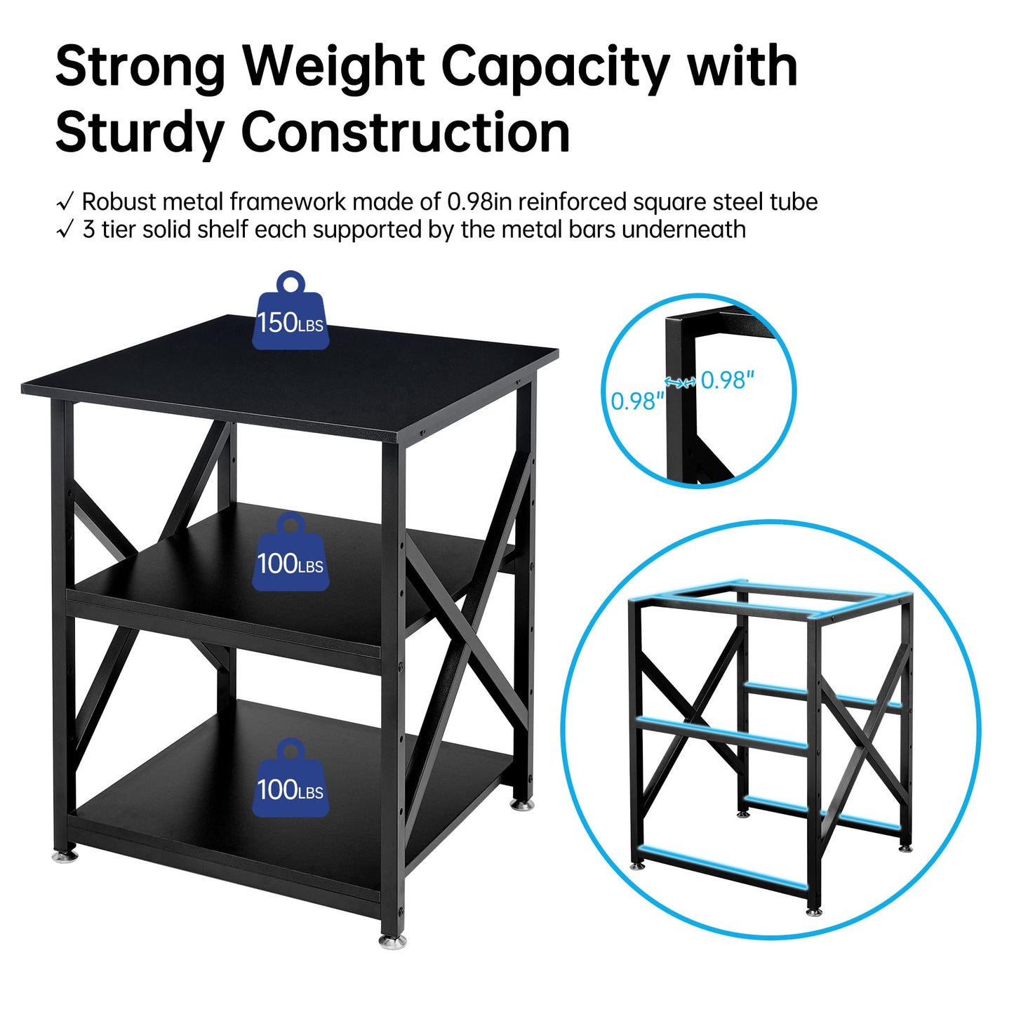 Fannova 23.6 x 23.6 Inches Large Printer Stand, Square Printer Table with Height Adjustable Storage Shelf, Rolling Printer Cart with Industrial Wheels for Home Office - Black