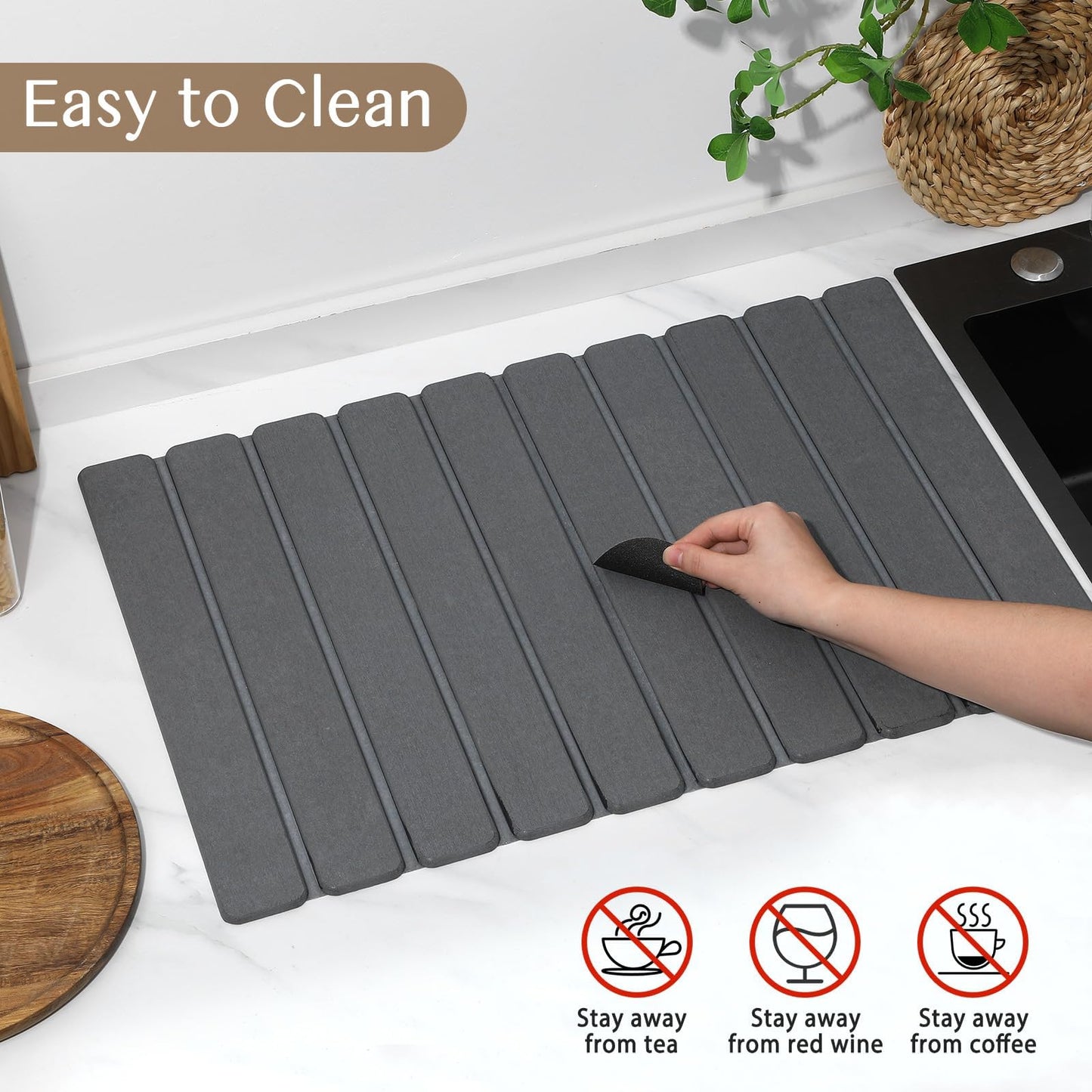 Large Stone Dish Drying Mat for Kitchen Counter, Thin & Light Quick Dry Stone Bath Mat, Foldable Water Absorbing Diatomite Drying Pad for Kitchen Bathroom Sink Countertop (Pure Gray 24"×16" & 8"x4")