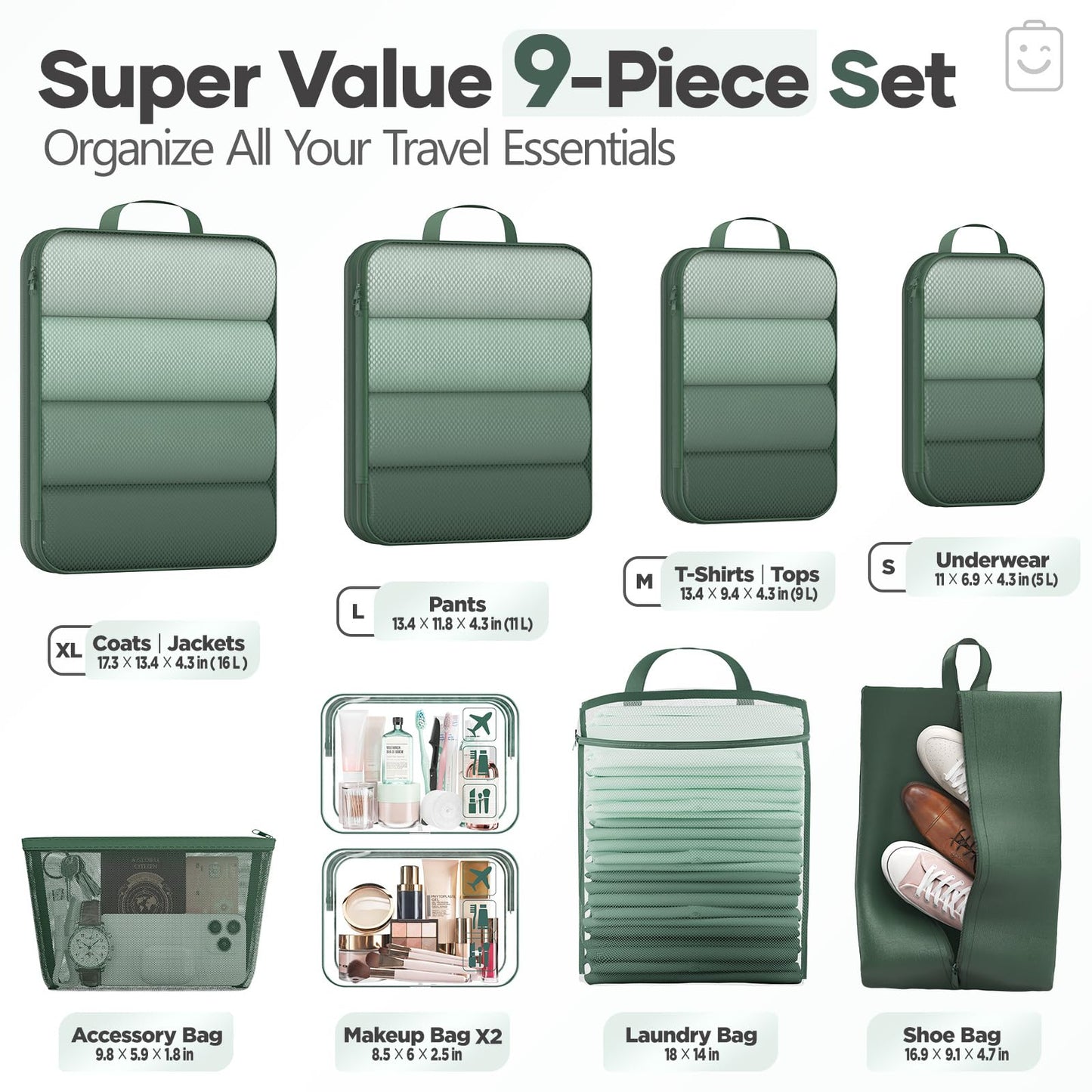 Veken 9/11 Set Compression Packing Cubes for Travel Essentials,Compressible Expandable Large Luggage Suitcase Organizer Bags for Clothing,Space Saver Bags with Over 1000 pcs of Mesh Holes(Dark Green)