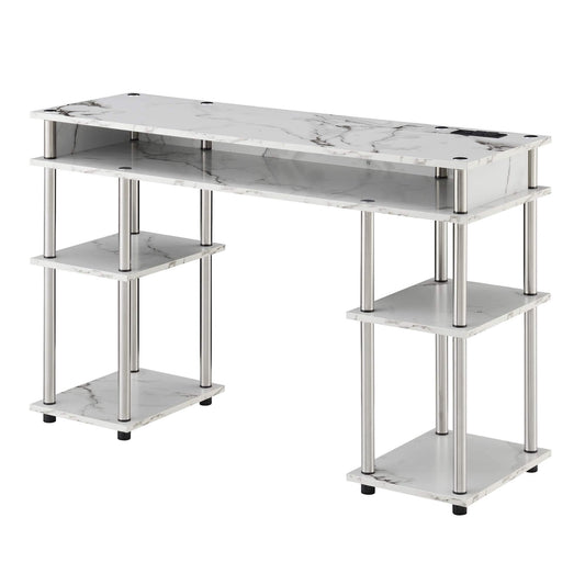 Convenience Concepts Designs2Go No Tools Student Desk with Charging Station and Shelves, White Marble