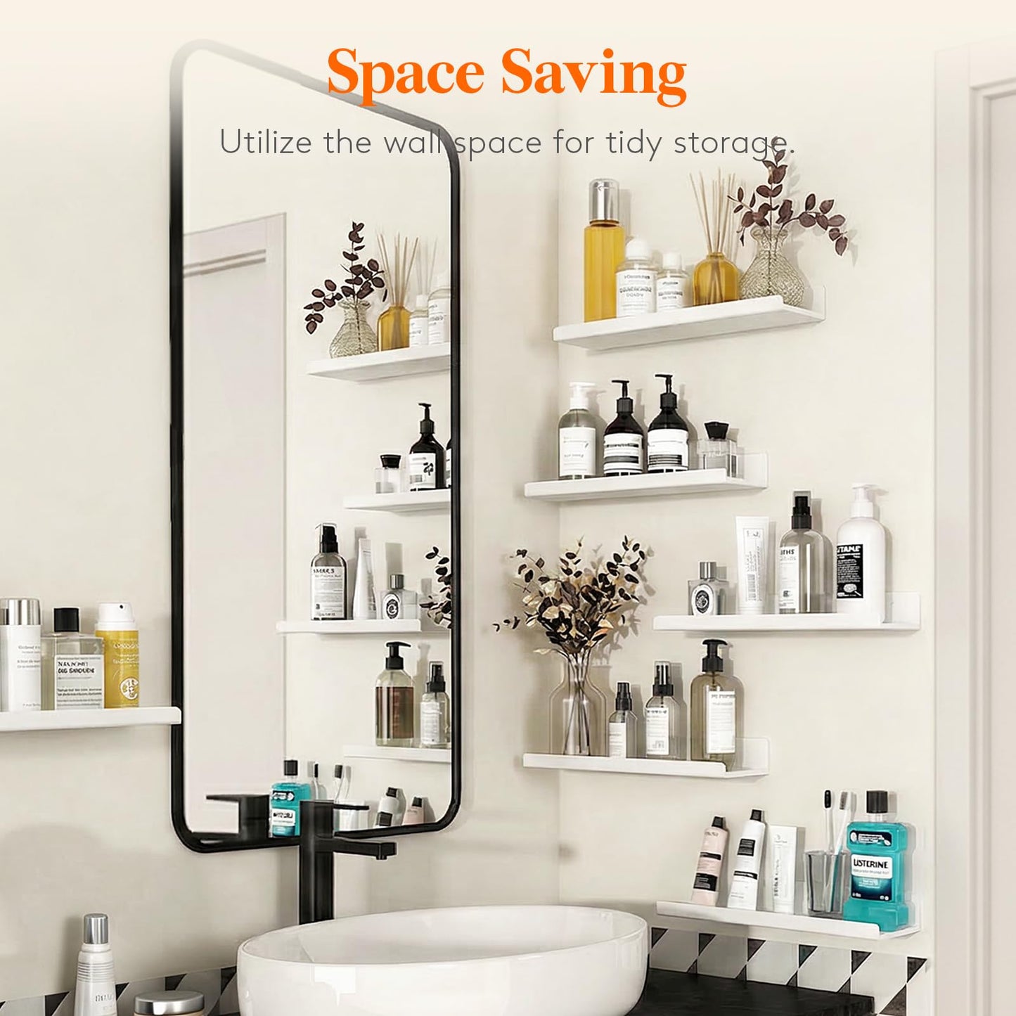 Lifewit Floating Shelves for Wall, Acrylic Display Shelf Wall Mounted for Figure, Car, Art, Book, 14" Perfume Organizer for Bathroom, Bedroom, Living Room, Nursery, Home Decor, White, 12 Pack