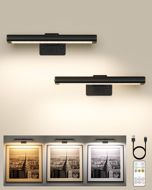 EZVALO Picture Light for Wall, Rechargeable 2400mAh Lights Wireless with IR Remote, 3 Color & Dimmable Magnetic 7.87'' LED Lights Display for Painting, Living Room, Gallery, Bedroom Art(Black-2P)