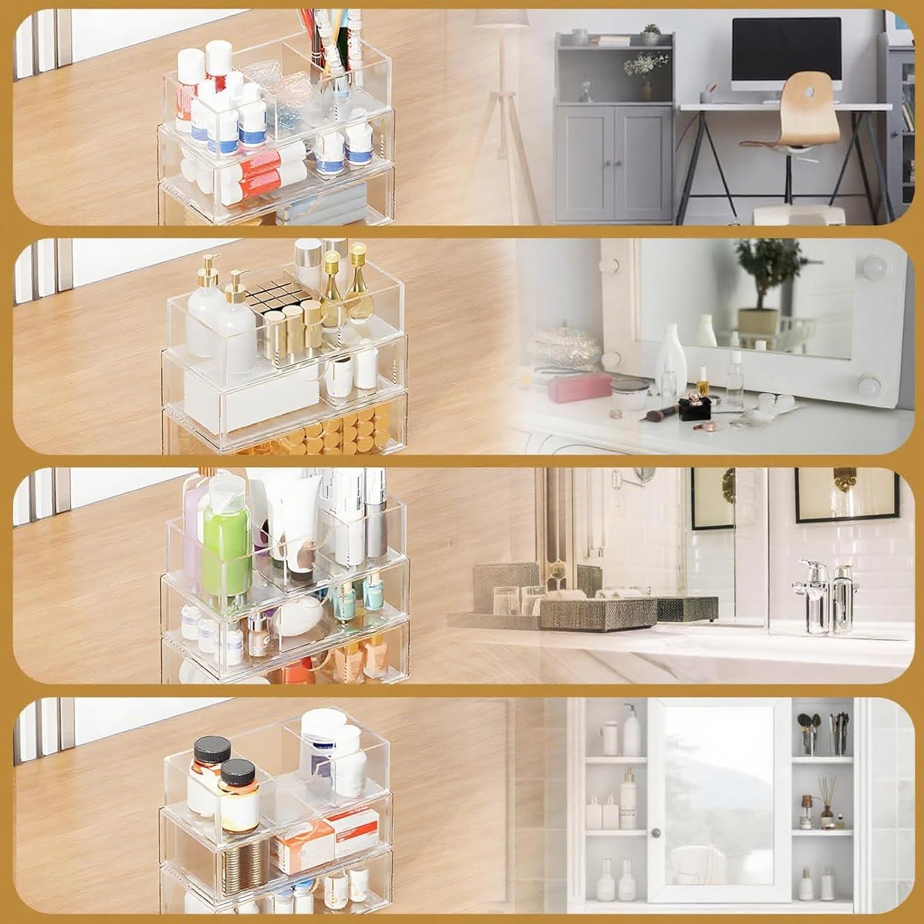 EAROND Medicine Cabinet Organizer with Removable Dividers, 3-Tier Stackable Drawer Storage for Bathroom, RV, Vanity, Countertop & Desk