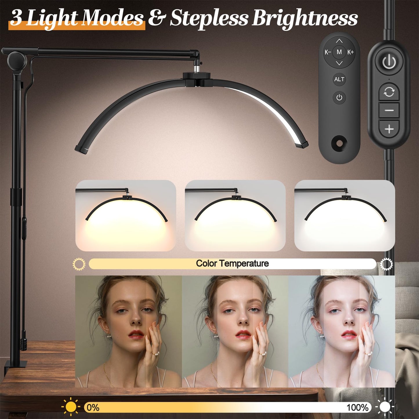LateRep Half Moon Light, 3-Color Lash Light for Eyelash Tech, Foldable Dimmable Floor Lamp, 308 Led Beads Shadowless Half Moon Lamp with 360° Rotation for Beauty, Tattoo, Reading