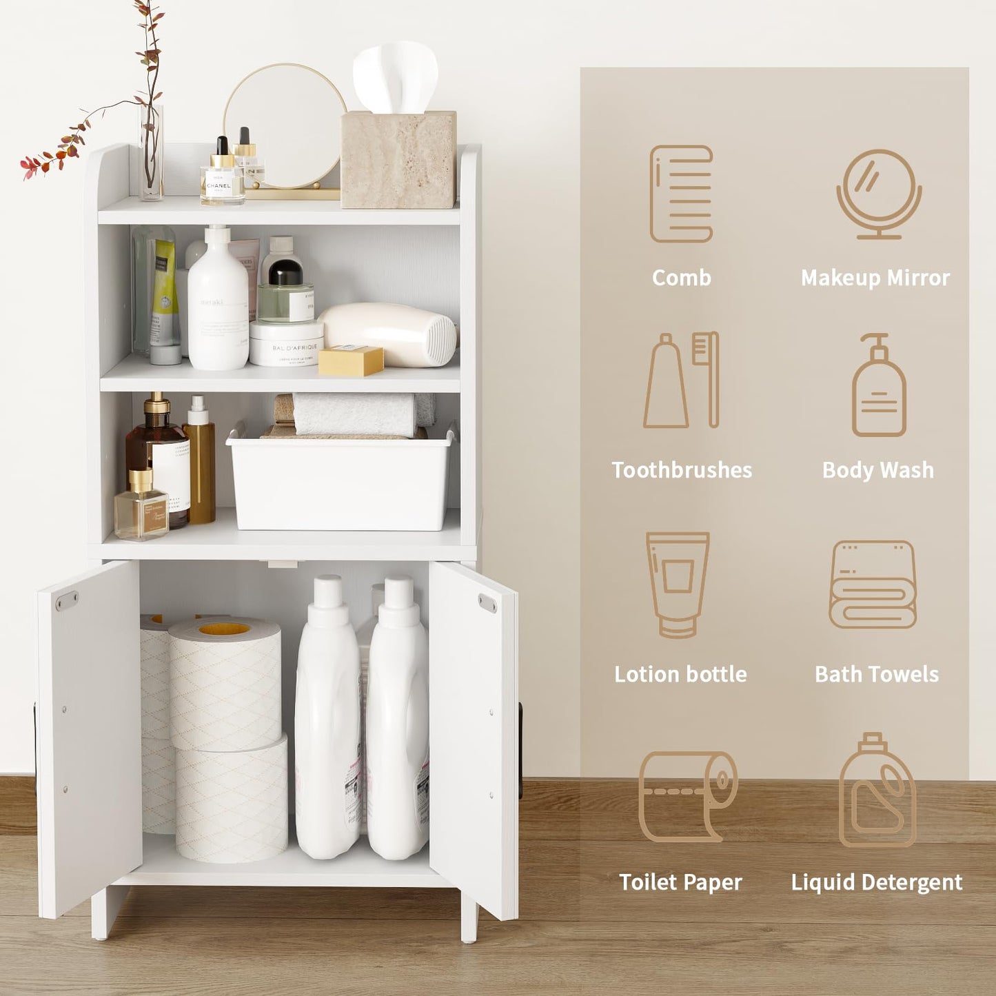 AURINEST Small Bathroom Storage Cabinet, Farmhouse Freestanding Toilet Paper Storage with 2 Doors and Shelves, Slim Bathroom Storage Cabinet for Small Spaces, White, 7.9" D x 14.2" W x 29.5" H