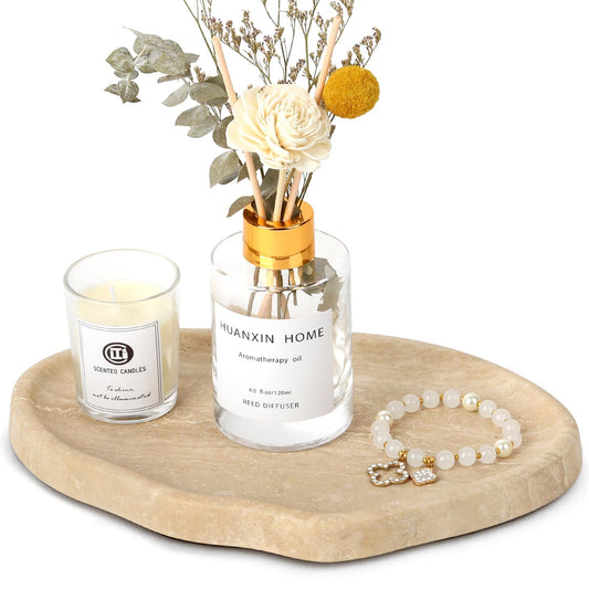 Moujings Natural Travertine Vanity Tray - Decorative Stone Marble Tray for Bathroom Countertop, Elegant Organizer for Home Decor, Jewelry, Candle, Makeup, Kitchen and Dresser Decor