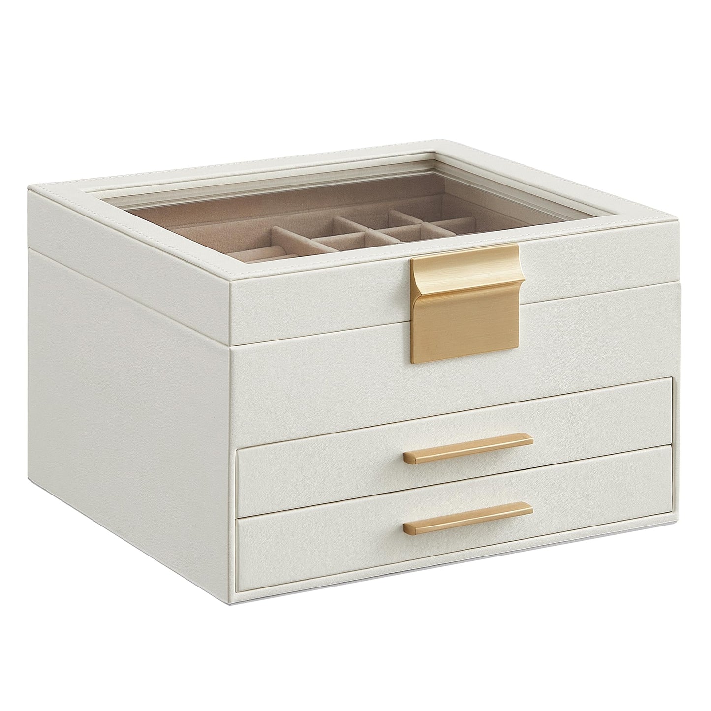 SONGMICS GISELLA Collection - Jewelry Box Organizer with Glass Lid, 3-Layer Jewelry Storage, with 2 Drawers, Modern Style, 8 x 9.1 x 5.3 Inches, Cloud White and Gold Color UJBC239WT