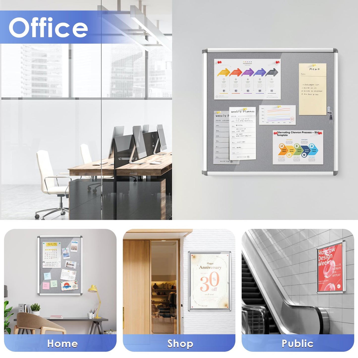 SWANCROWN Enclosed Bulletin Board 36x24 in, Tamperproof Lockable Grey Felt Board Wall Display Case for Office School Home, Aluminum Frame