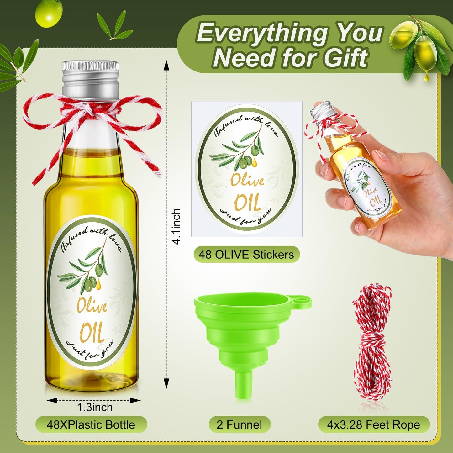 Blushtier 48 Set Mini Plastic Olive Oil Bottles 1.7 oz Tiny Small Clear Empty Dispenser Bottles with Tip Cap, Pour Spout Lids and Labels for Milk Juice Sauce Storage for Baby Shower Party Favors