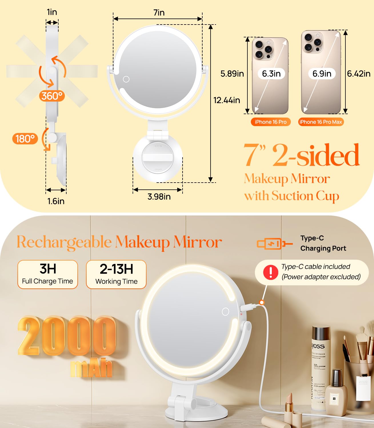 Gospire 7” Wall Mounted Makeup Mirror with Powerful Suction Cup, Double Sided 1X/10X Magnification, 3 Color Lights and Adjustable Brightness, 2000mAh Rechargeable Battery, Shaving for Men - White