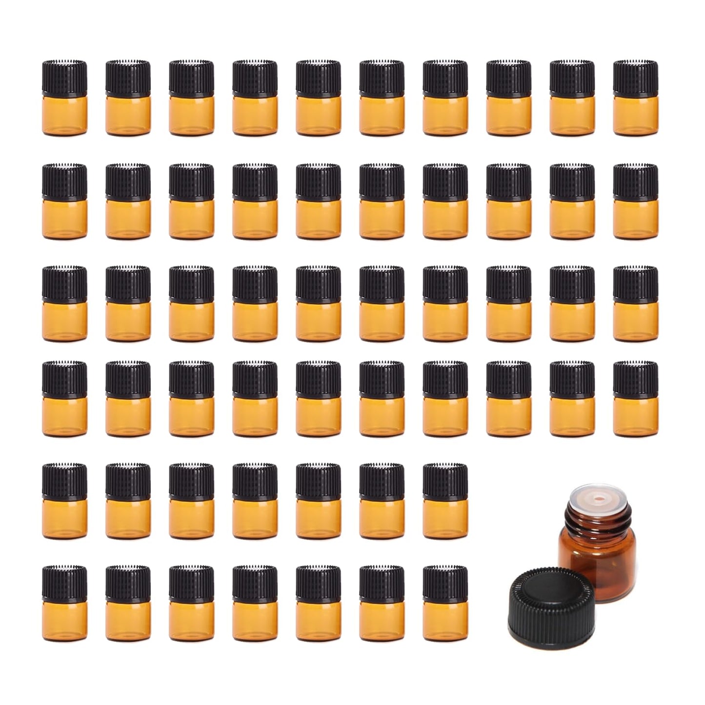 TOPWEL 100 Pack 1ml Amber Glass Mini Essential Oil Bottles Sample Vials with Orifice Reducer & Black Screw Cap, 1/4 Dram Empty Travel Bottle for Aromatherapy Perfume Anointing Oil