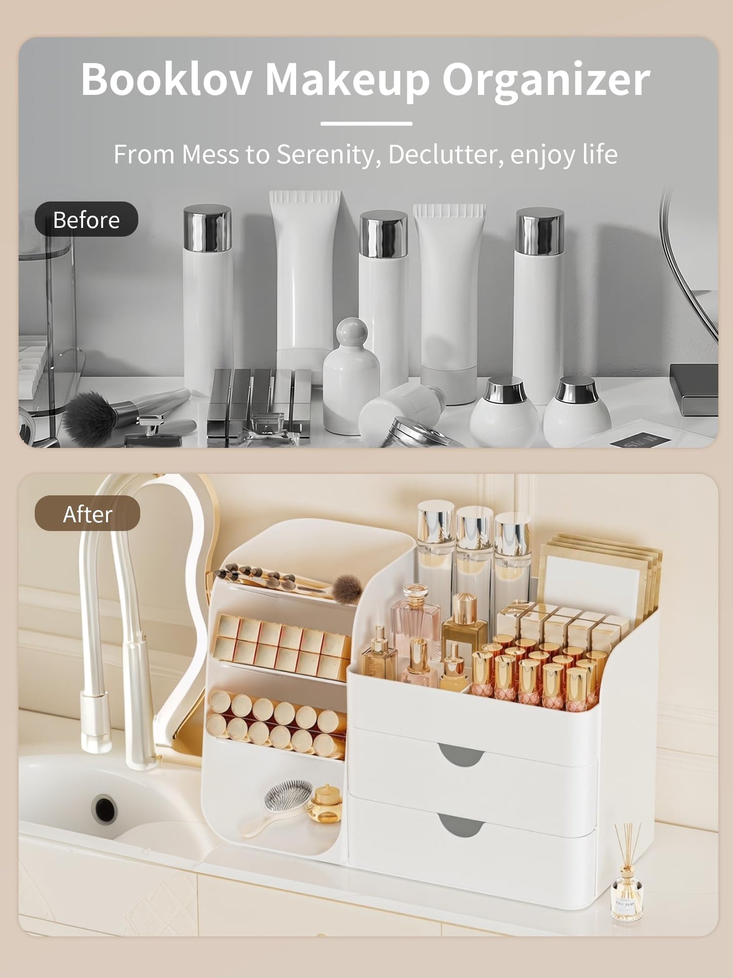 Booklov Makeup Organizer for Vanity, Countertop Cosmetic Display Case with Drawers, Bathroom Counter Beauty Caddy, Comfyroom Table Storage Holder for Skincare, Brush Eyeliner Eyeshadow Lipstick, White