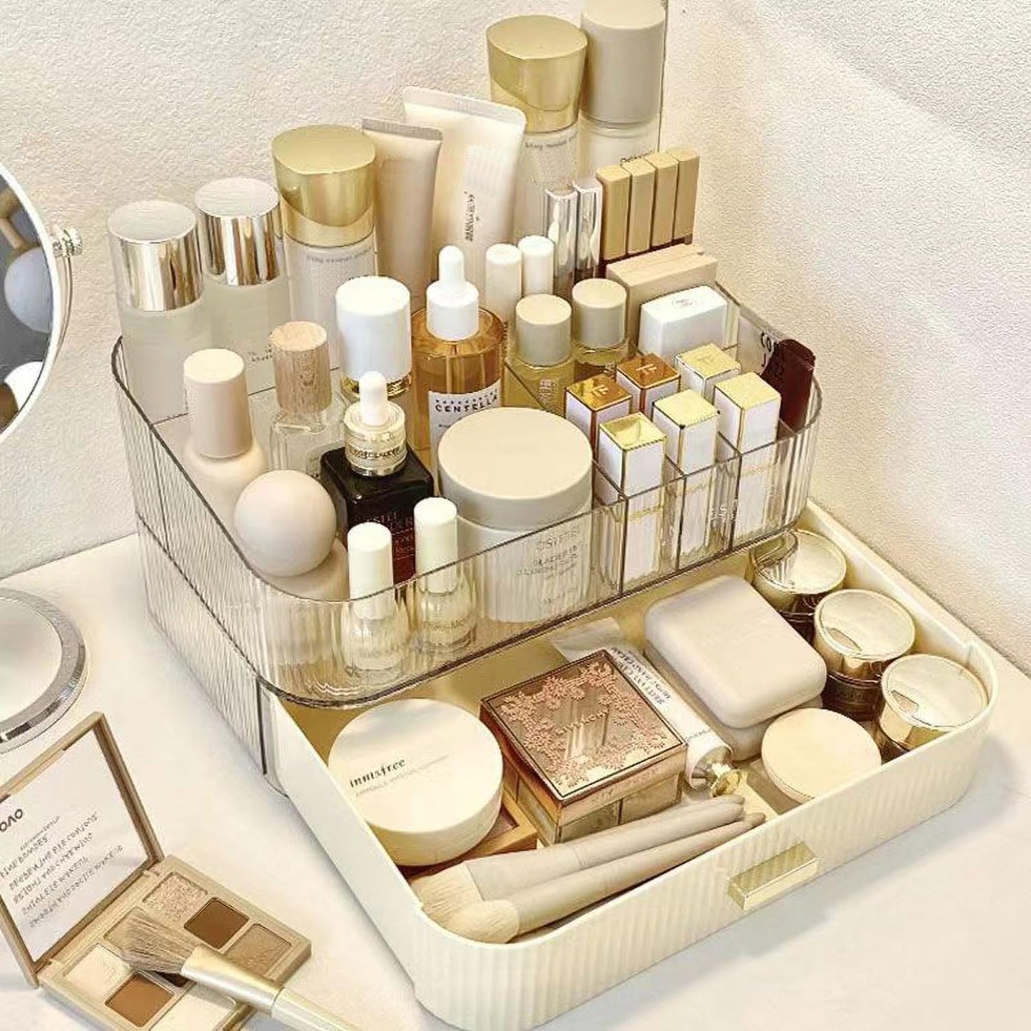 MIUOPUR Makeup Organizer with Stackable Drawers, Bathroom Vanity Organizers and Storage, Ideal for Desk and Dresser Countertops, Great for Cosmetics, Skincare, Lipsticks, Nail Care - Cream