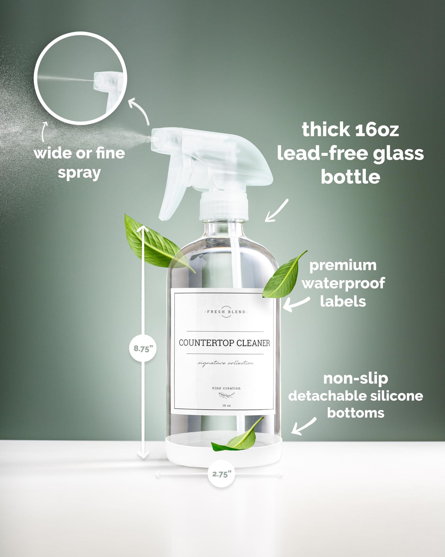 Vine Creations Glass Spray Bottles, 2 Pack Refillable Spray Bottles for Cleaning Solutions, Clear Spray Bottle for plants, Water Spray Bottle Sprayer, Glass Spray bottles 16 oz with Waterproof Labels