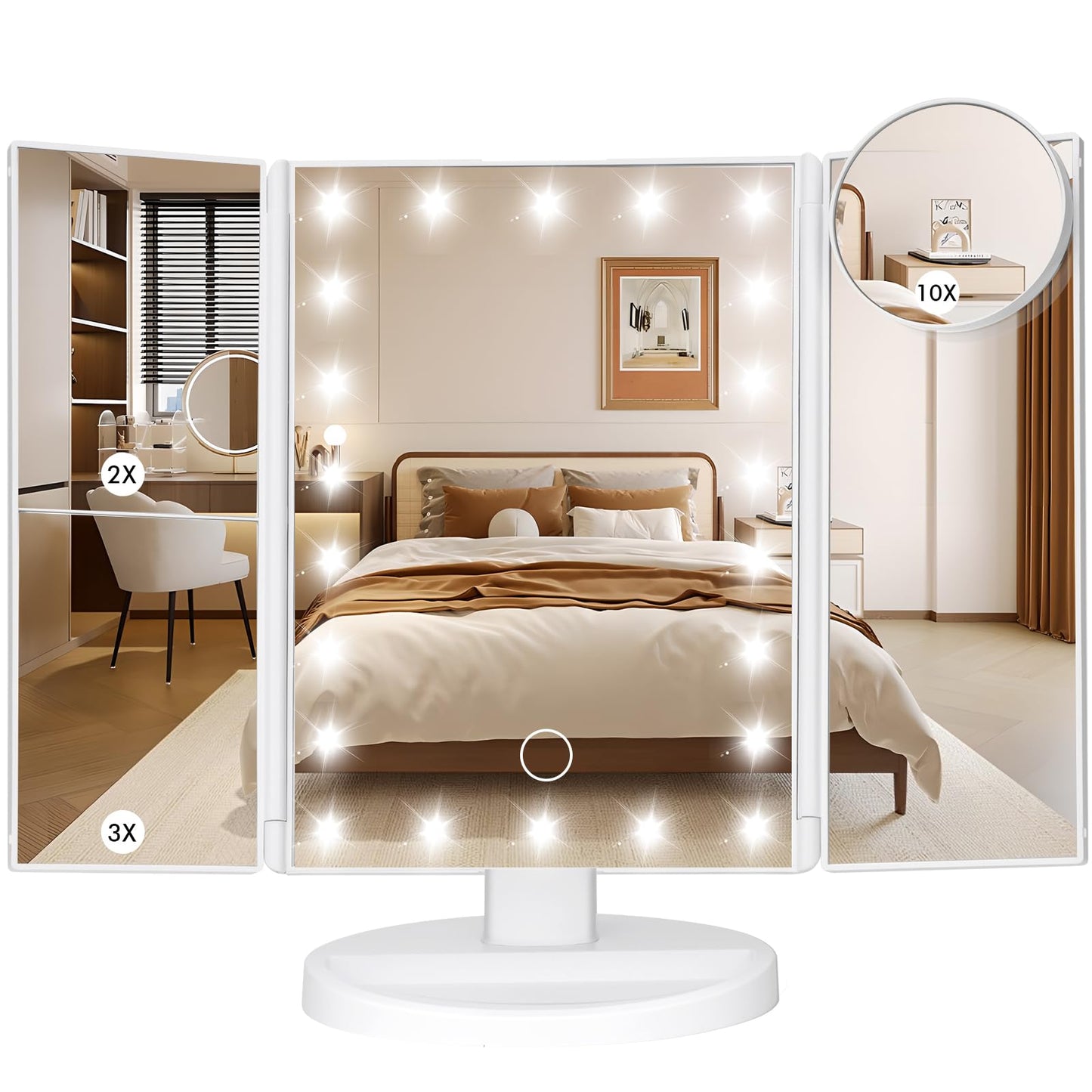 LeeWent Makeup Mirror Vanity Mirror with Lights, Bathroom Adjustable Brightness Mirrors 1X/2X/3X/10X Magnification and Touch Screen Trifold Makeup Mirror Two Power Supply Modes Women Gift White