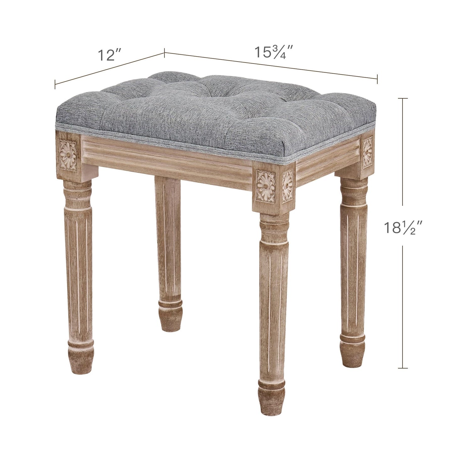 VONLUCE French Vintage Foot Stool with Rustic Wood Legs and Padded Seat, 18.5" High Memory Foam Upholstered Vanity Stool and Entryway Bench,Tufted Fabric Ottoman Stool for Bedroom Living Room, Gray