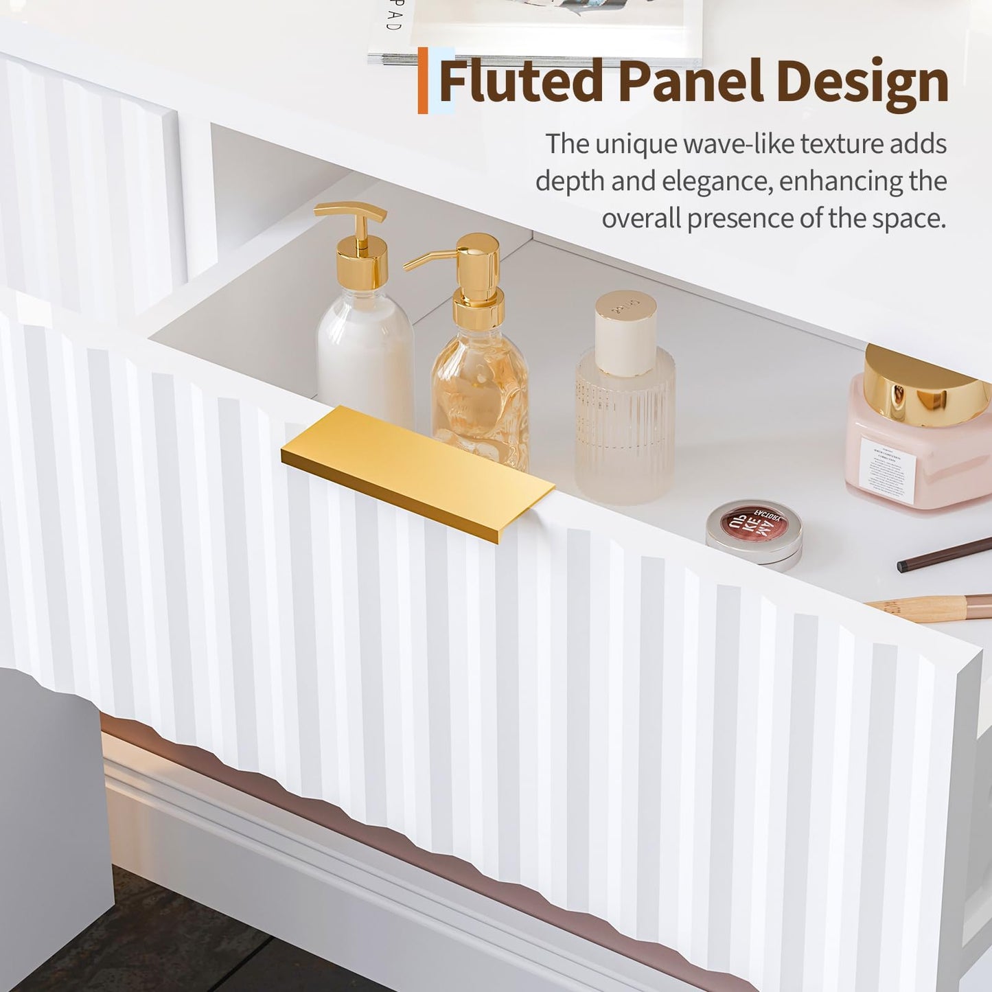 Garvee Fluted Vanity Desk with Large Mirror and Lights, Makeup Vanity with 2 Drawers, 3 Lighting Modes Adjustable Brightness, Make Up Table for Bedroom, White