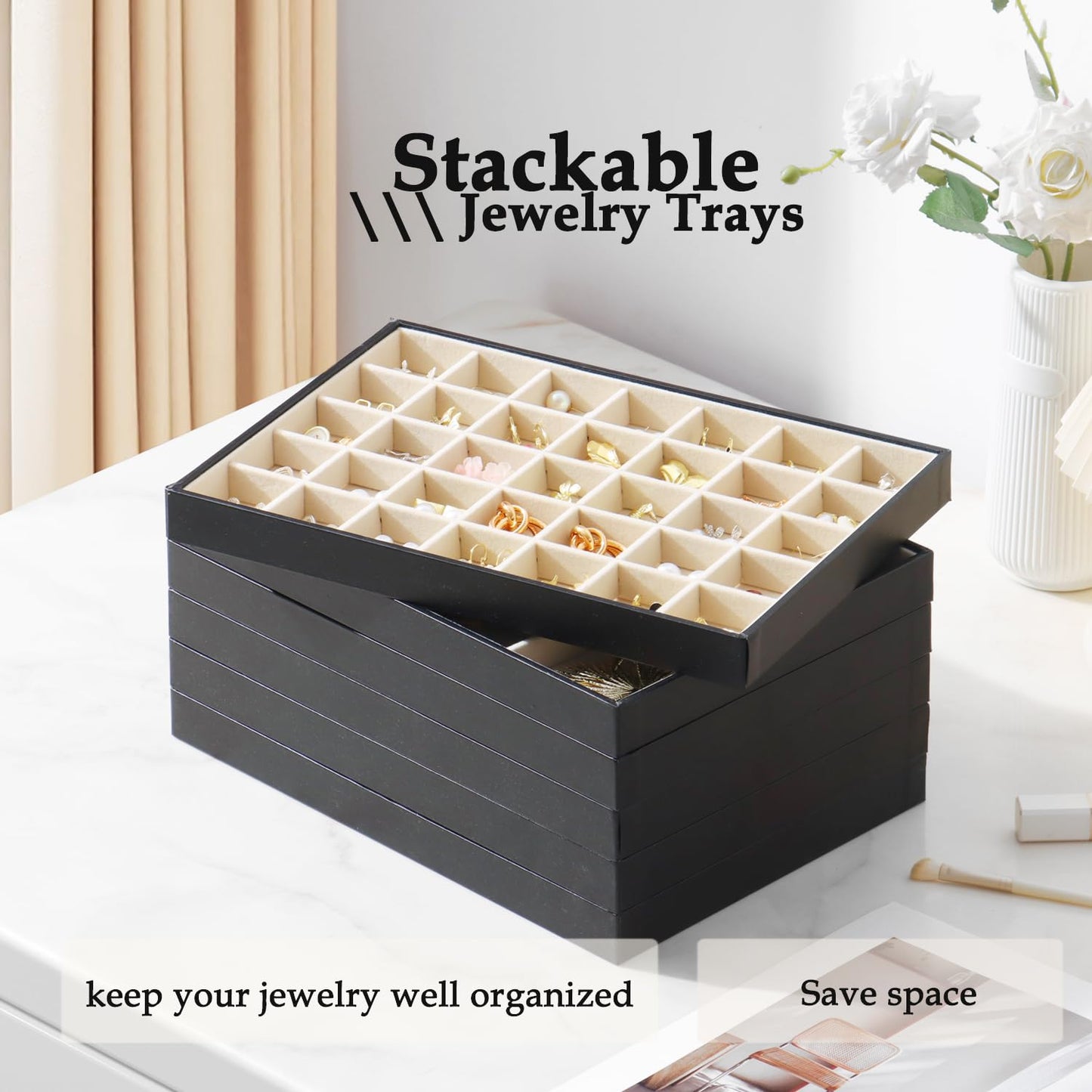 KATISYIO Large Jewelry Organizer Tray 2 Pack, Stackable Jewelry Storage Holder for Drawer Inserts, PU Leather Velvet Jewellery Display Case for Earring Bracelet Necklace Ring (Black Beige, 16 Grids)
