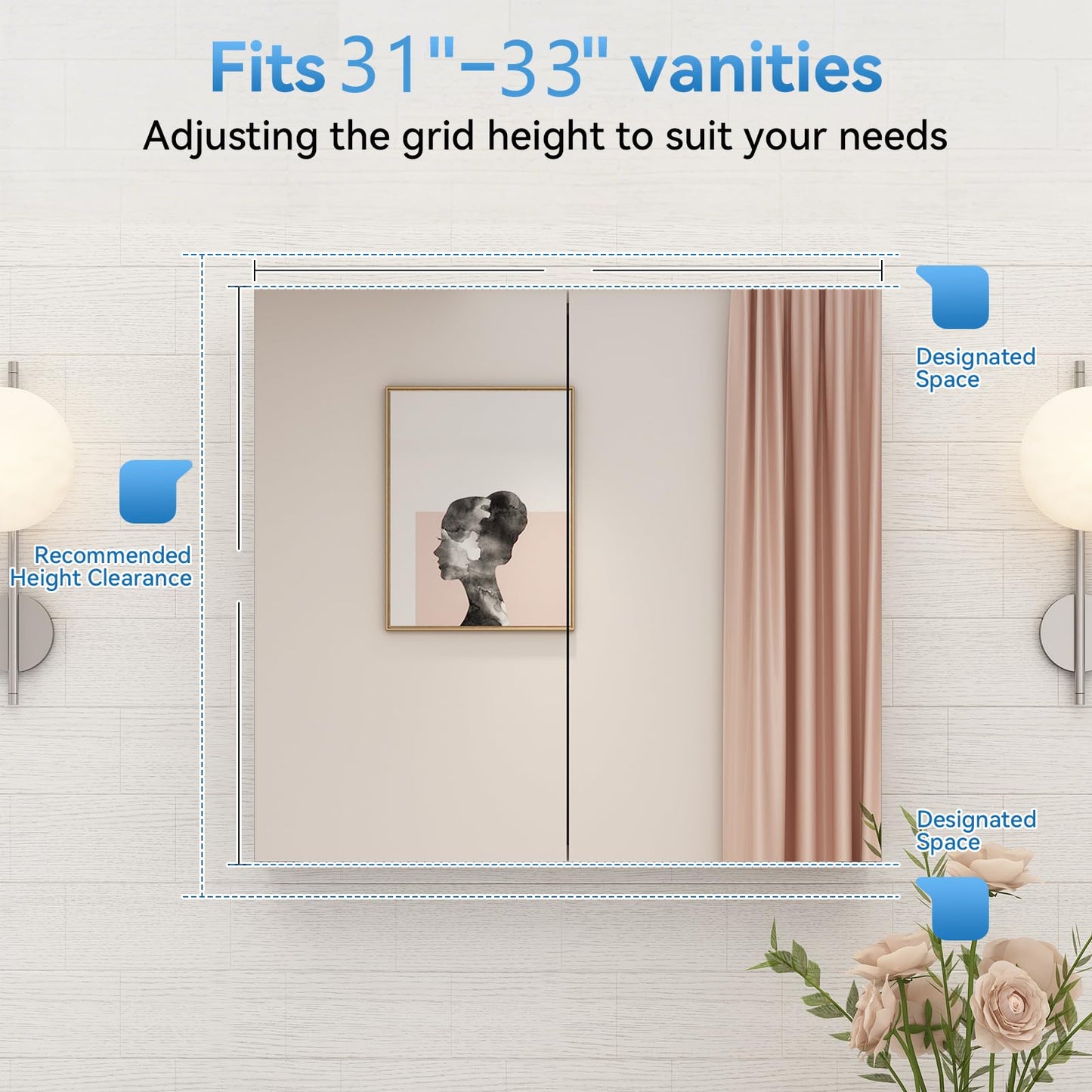 Sunrosa Aluminum Bathroom Medicine Cabinet with Mirror Door, 30"×27.5" Bathroom Mirror Cabinet, Wall-mountable and Recessed-in Mirror Cabinet, 2 Doors Medicine Cabinet Organizer II