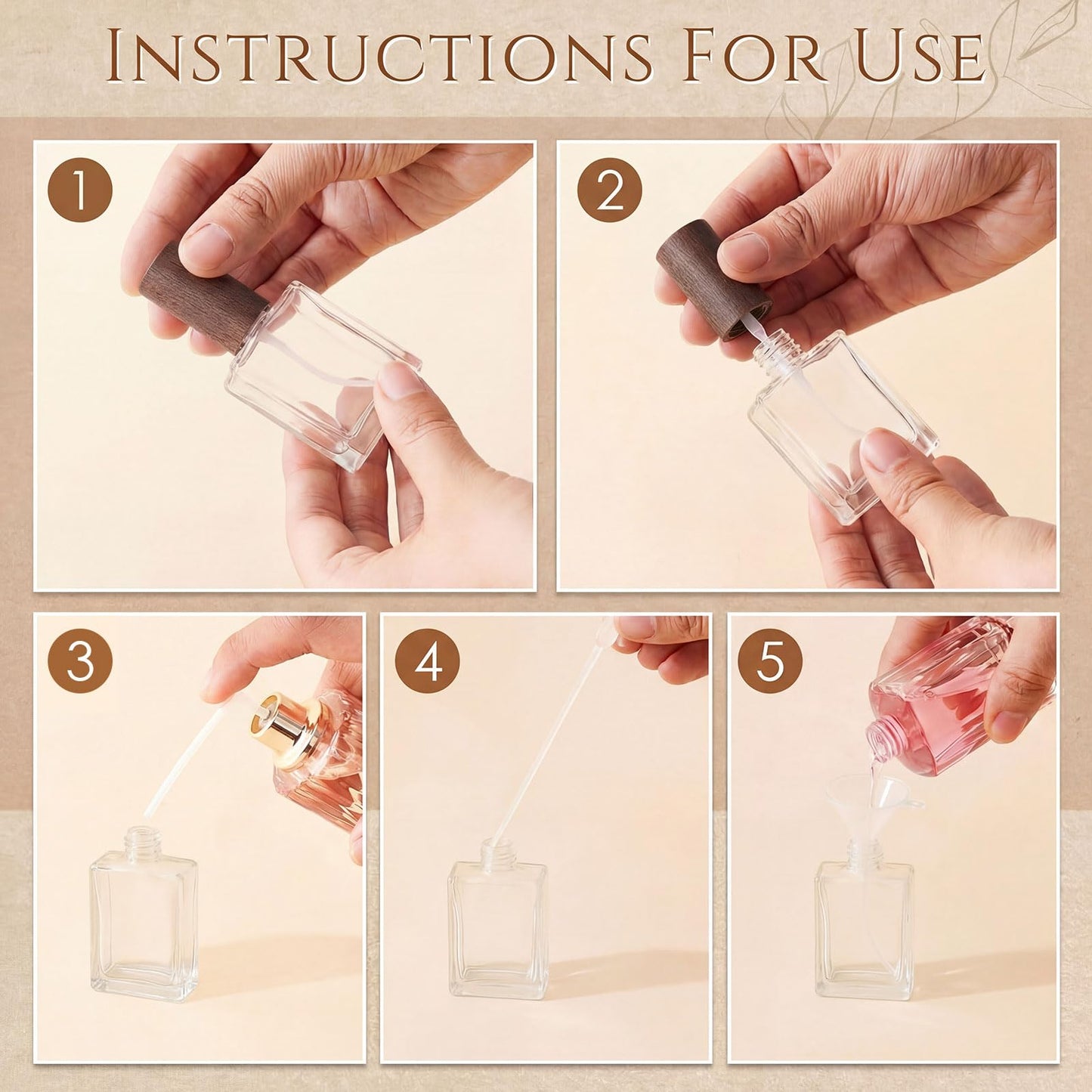 Domensi 30 Pcs 10/15/30/50 ml Glass Square Perfume Bottles Mini Glass Empty Spray Atomizer Bottles Bulk Refillable Perfume Dispenser Container with Pump Tool for Travel (15 ml,Dark Woddy Color)