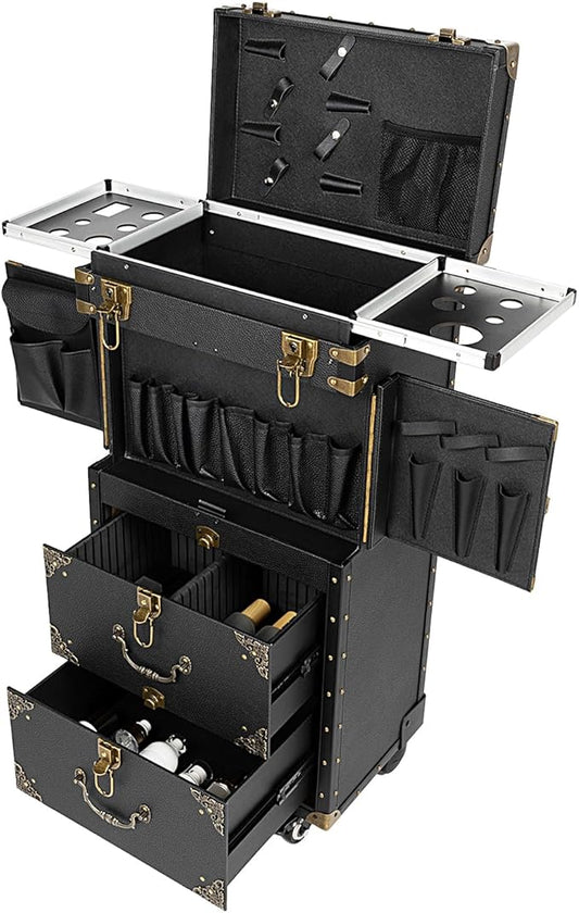 Beauty Luggage Rolling Lockable Makeup Train Case Stylist Cosmetic Luggage Travel Organizer with Hair Dryer Holder & Compartment
