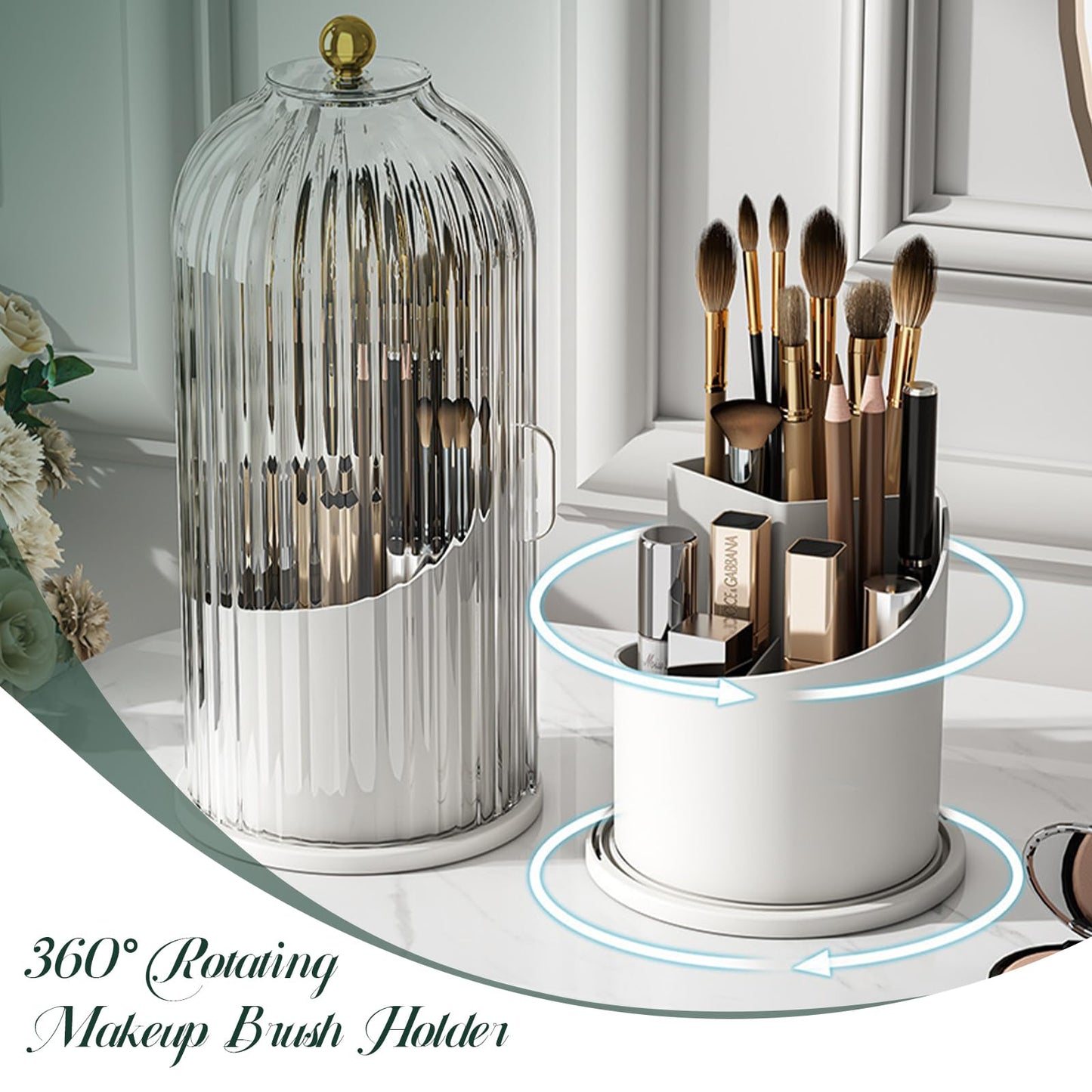 Birdcage Shape Makeup Brush Holder with Vertical Striped Cover, 360° Rotating Dust-Proof Organizer, Large Capacity Cosmetic & Toothbrush Storage for Vanity, Bathroom Countertop (Transparent Green)
