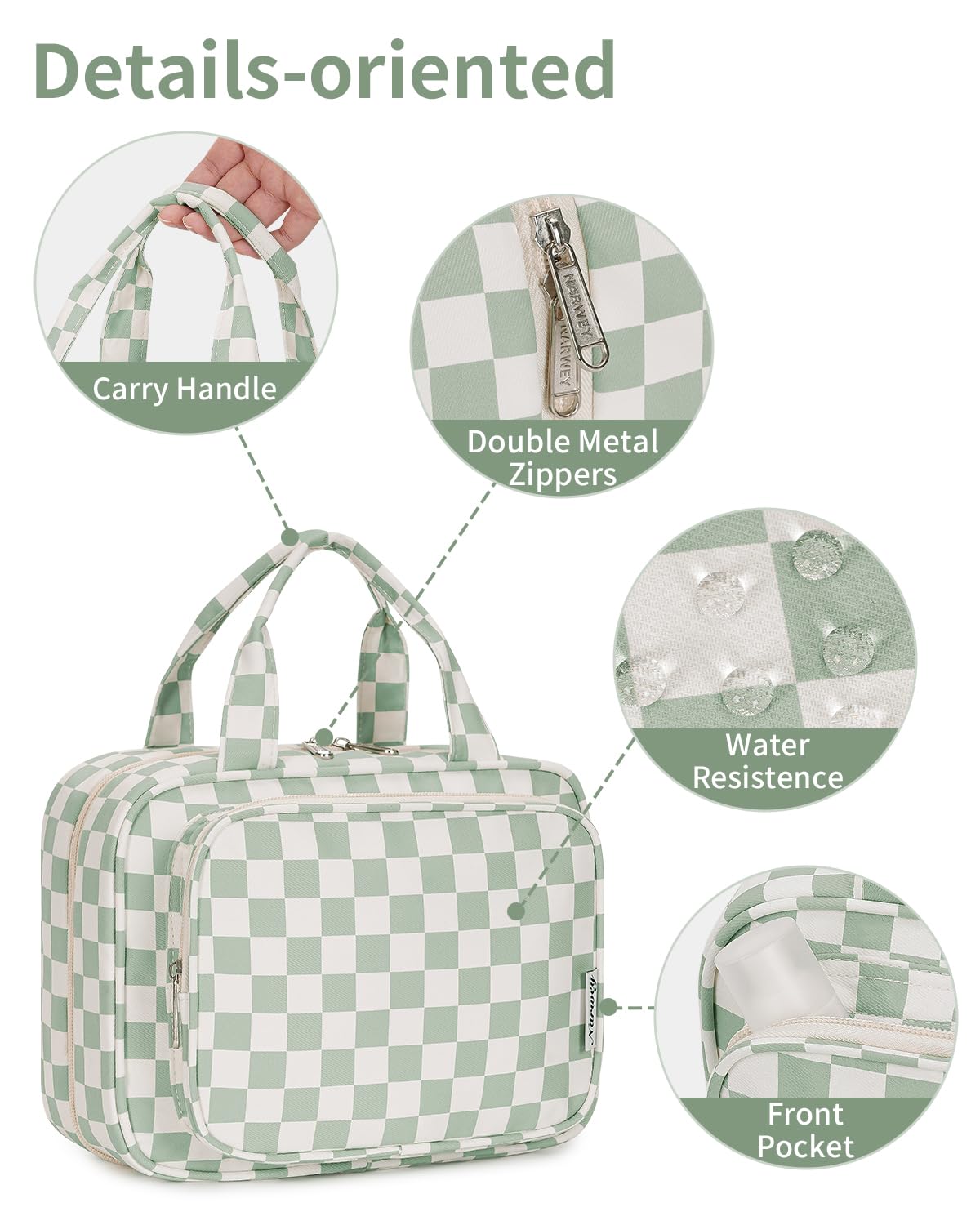 Narwey Travel Toiletry Bag for Women Large Capacity, Hanging Makeup Bag Organizer Toiletries Bag for Full Size Essentials, Accessories, Brushes, Cosmetics (Mint Green Checkerboard (Large))
