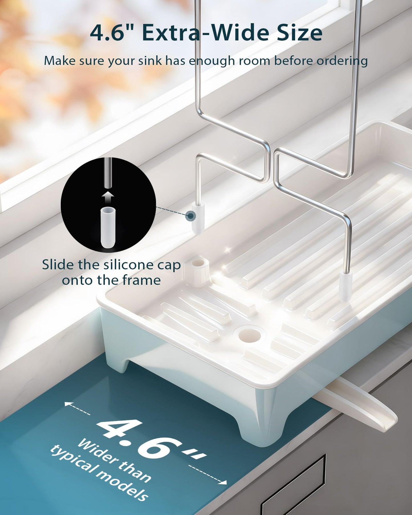 Caumic Minimalist Sink Caddy, Rustproof Sponge Holder for Kitchen Sink with 304 Stainless-Steel Brush Holder, Countertop Rack Organizer with Raised Ridges & Silicone Drain Tube (Pastel Blue, Large)