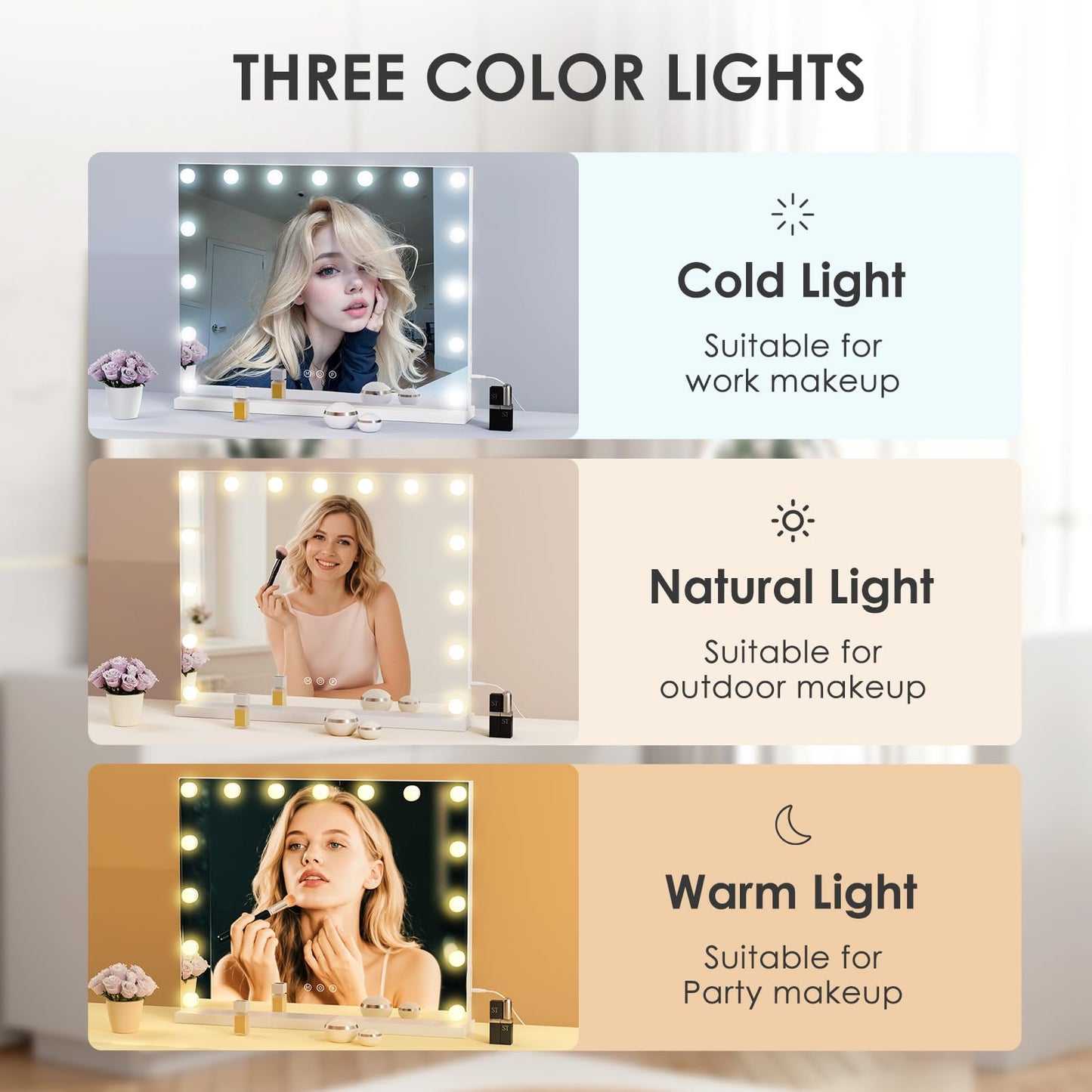 KOHEOPT Hollywood Vanity Mirror with Lights, 15 Dimmable Bulbs, 3 Color Lights,Make Up Lighted Mirror, Aluminum Metal Frame, USB Charging Port（23" x 18"）