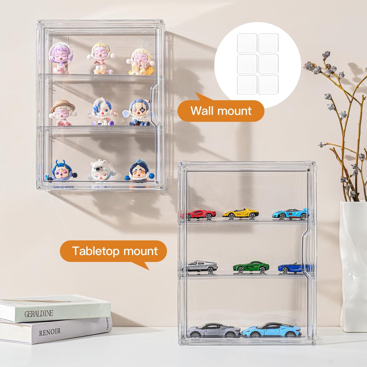 VGLXTRNT 3 Tier Clear Display Case for Figures, Wall-Mounted Acrylic Storage Organizer Box, Stackable Display Cabinet with Magnetic Door & Removable Shelves, Showcase for Collectibles, Figures