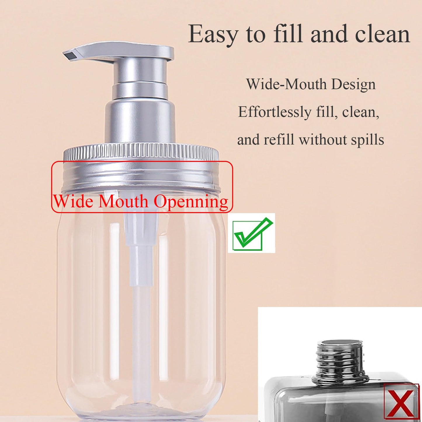 Qeuly 16oz Soap Dispenser, 2 Pack Plastic Pump Bottle Dispenser, Refillable Wide Mouth Jar Style Bathroom/Kitchen Containers for Shampoo, Conditioner, Body Wash, Lotion, Hand Soap & Dish Soap