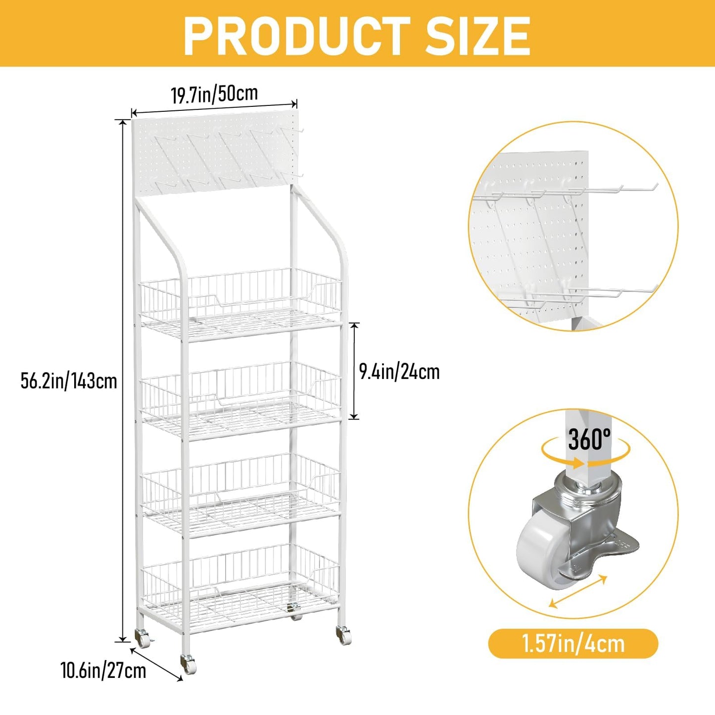 4-Tier Retail Snack Display Rack, Metal Candy Potato Chip Display Shelf with Wheels & Hooks, Free-Standing Snack Shelf Organizer for Store, Supermarket, Convenience Shop, Pantry & Kitchen, White