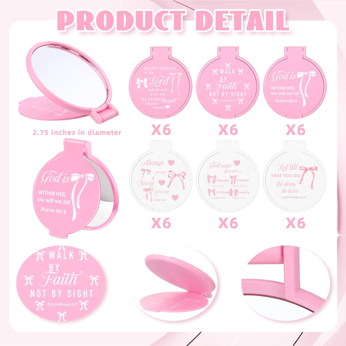 Namalu 36 Pcs Pink Bow Christian Compact Mirrors Bible Verse Mini Mirrors Pink Party Favors Coquette Gift Bulk Makeup Pocket Mirror Inspirational Christian Religious Gifts for Mother Women Church