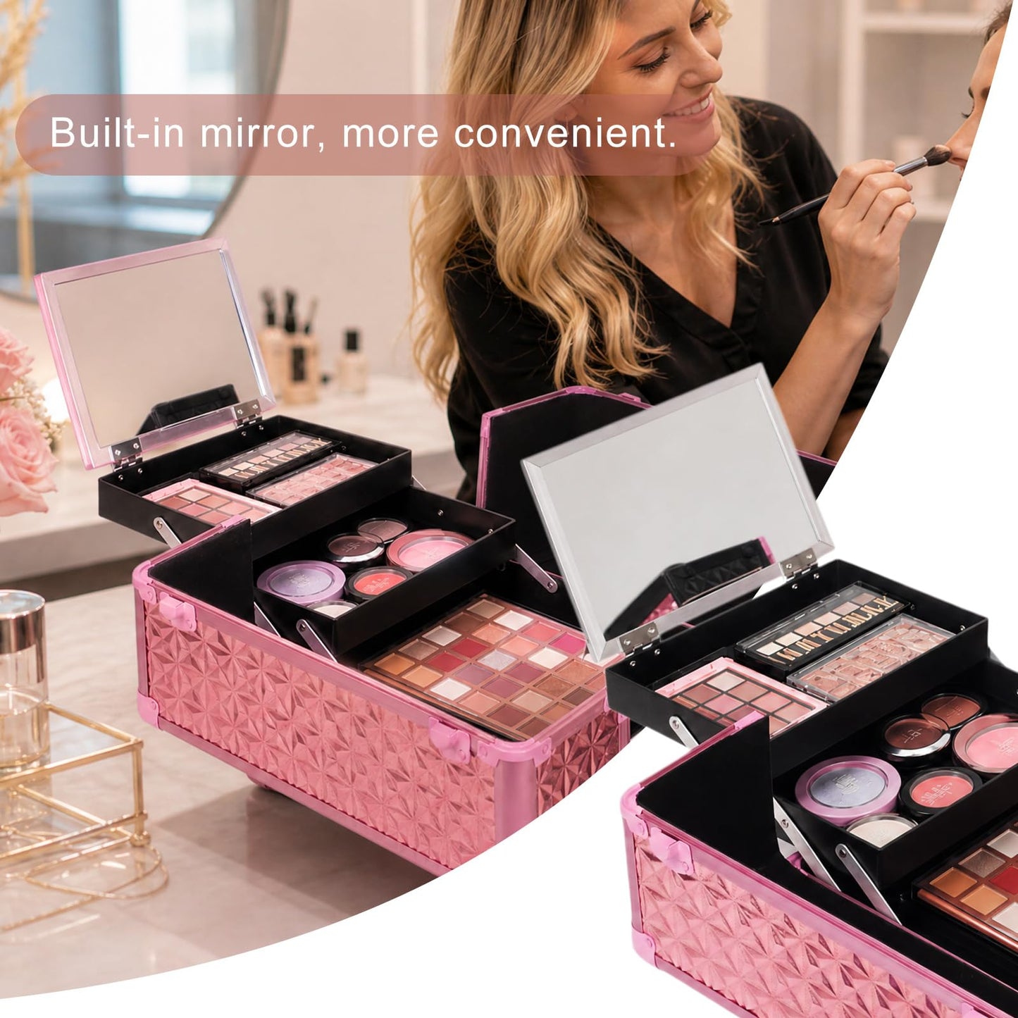 Rolling Makeup Train Case 6 in 1 with Mirror & Lock, Professional Makeup Travel Case, Large Cosmetic Organizer for Cosmetologists & Nails, Bonus 4 Replacement Wheels (6, Gold Pink Holographic)