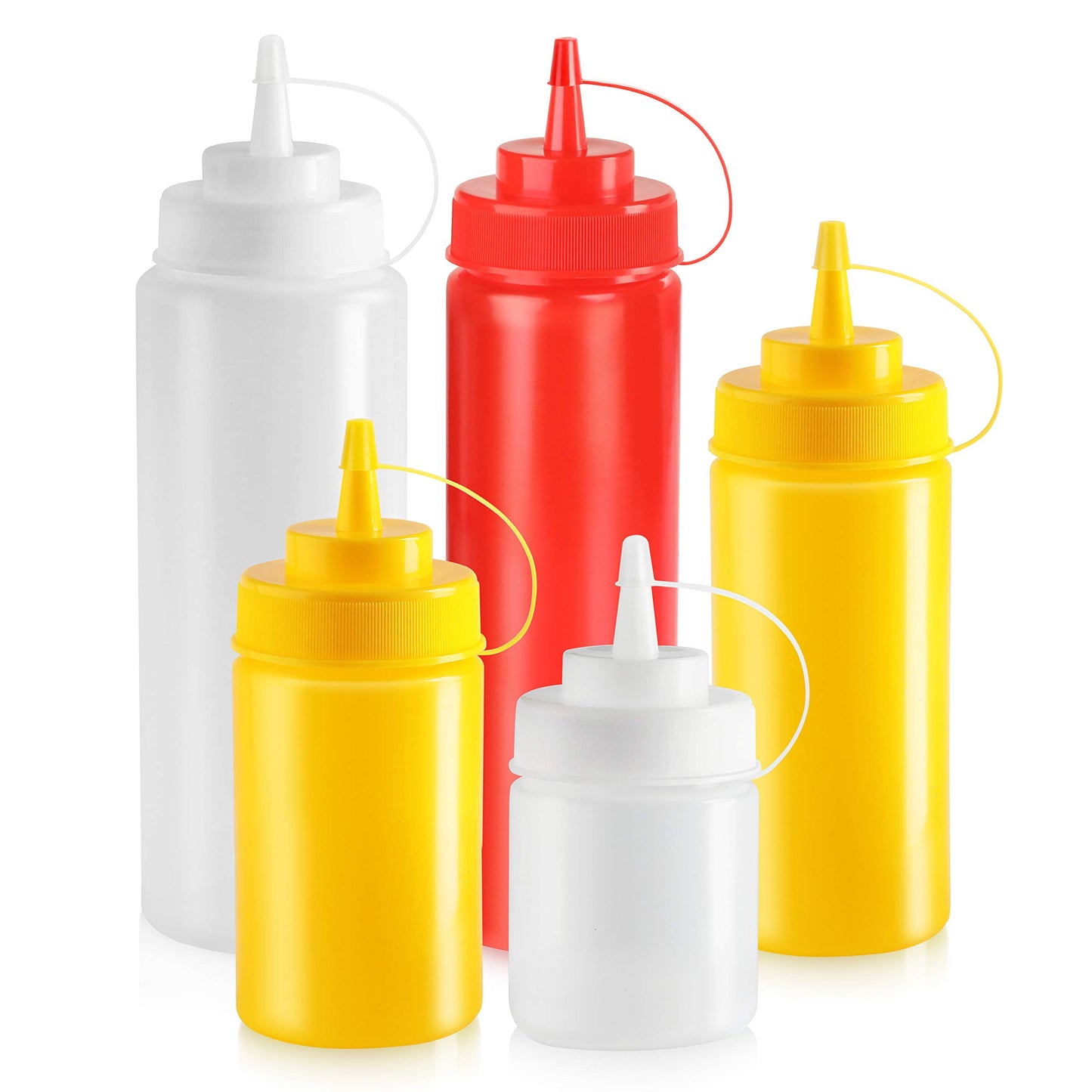 New Star Foodservice 26528 Plastic Squeeze Bottles with Cap and Scale, Wide Mouth, 16 oz, Yellow, Pack of 6